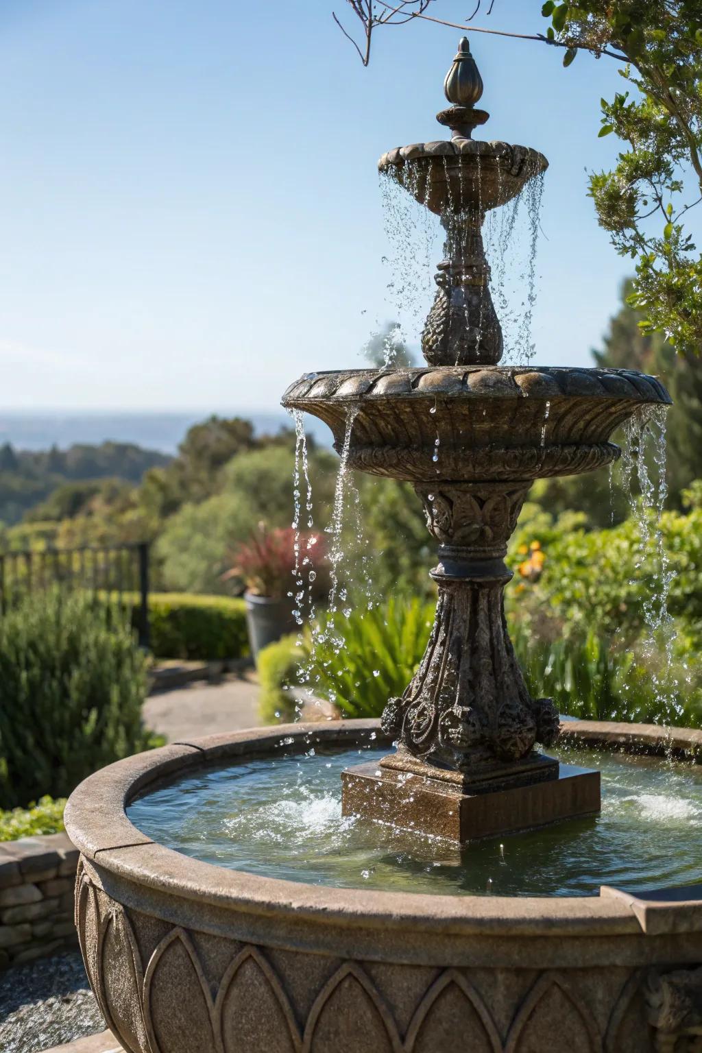 A sculpture-integrated trough fountain for artistic flair.