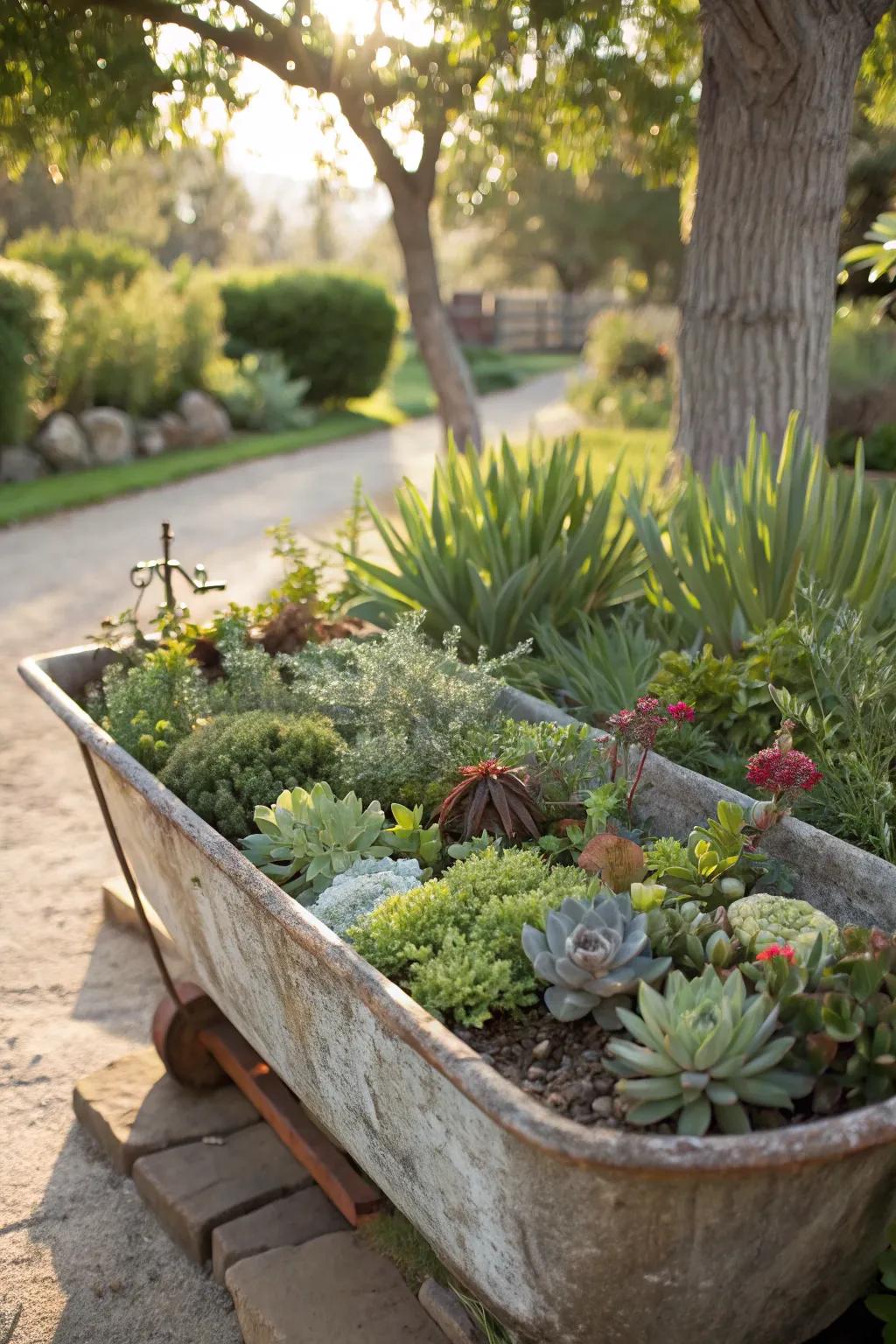A succulent-filled water trough planter.