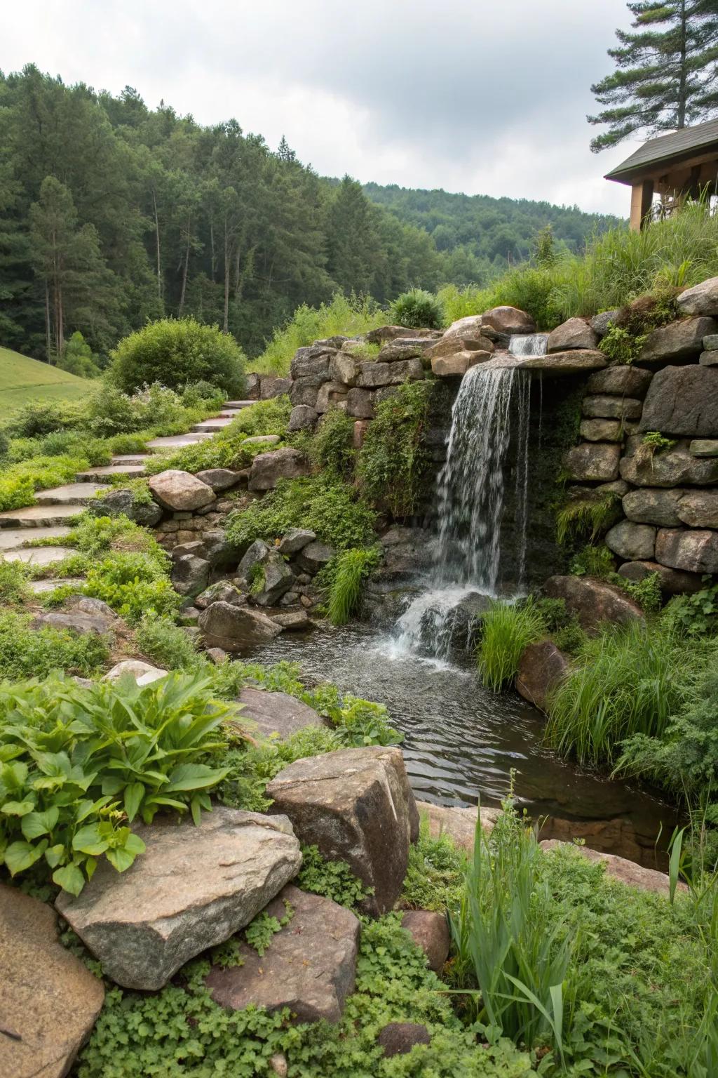 A hidden spillway that blends seamlessly into the natural garden landscape.