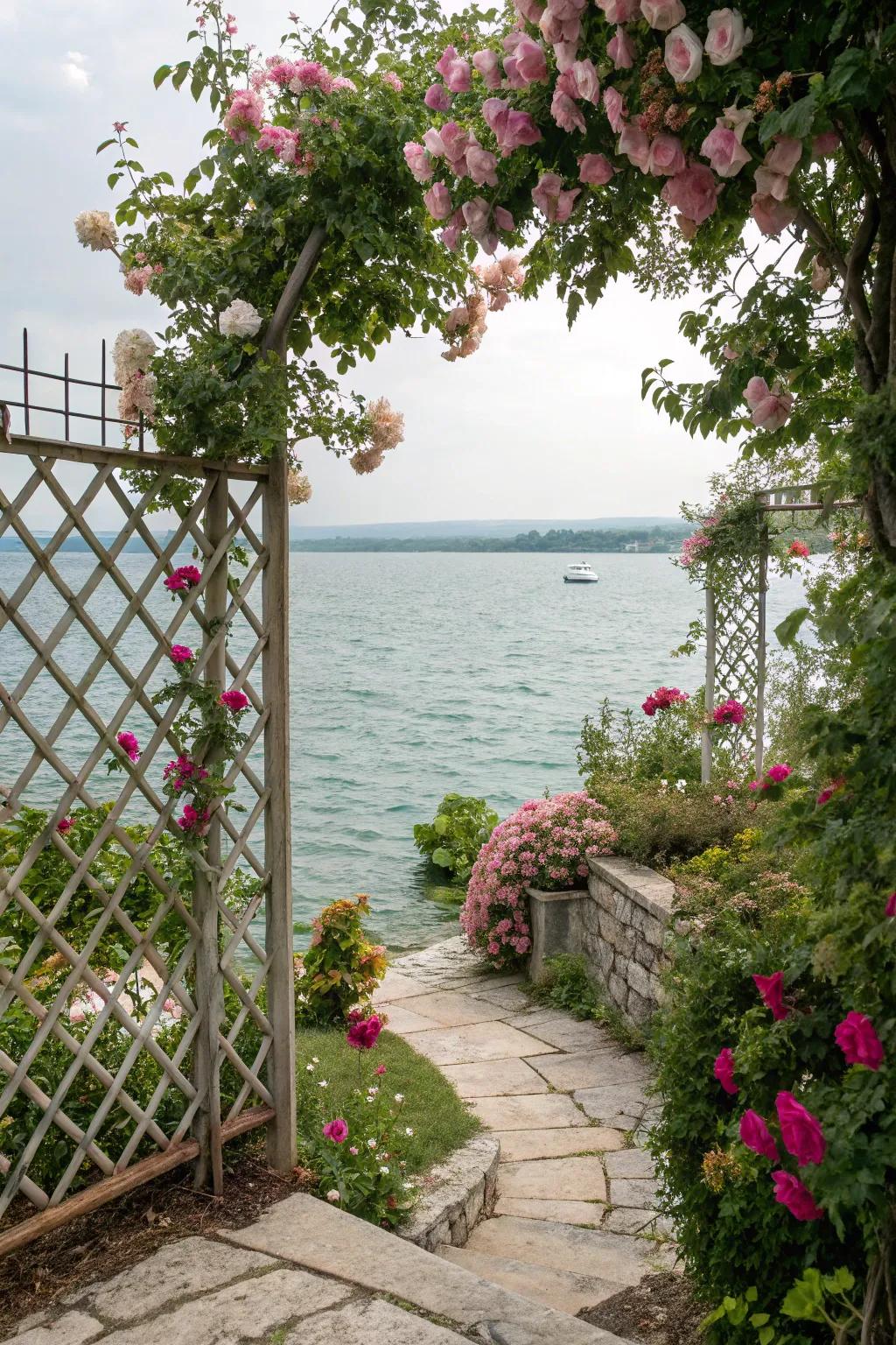 Lattice fencing with climbing vines creates a living tapestry on this waterfront.
