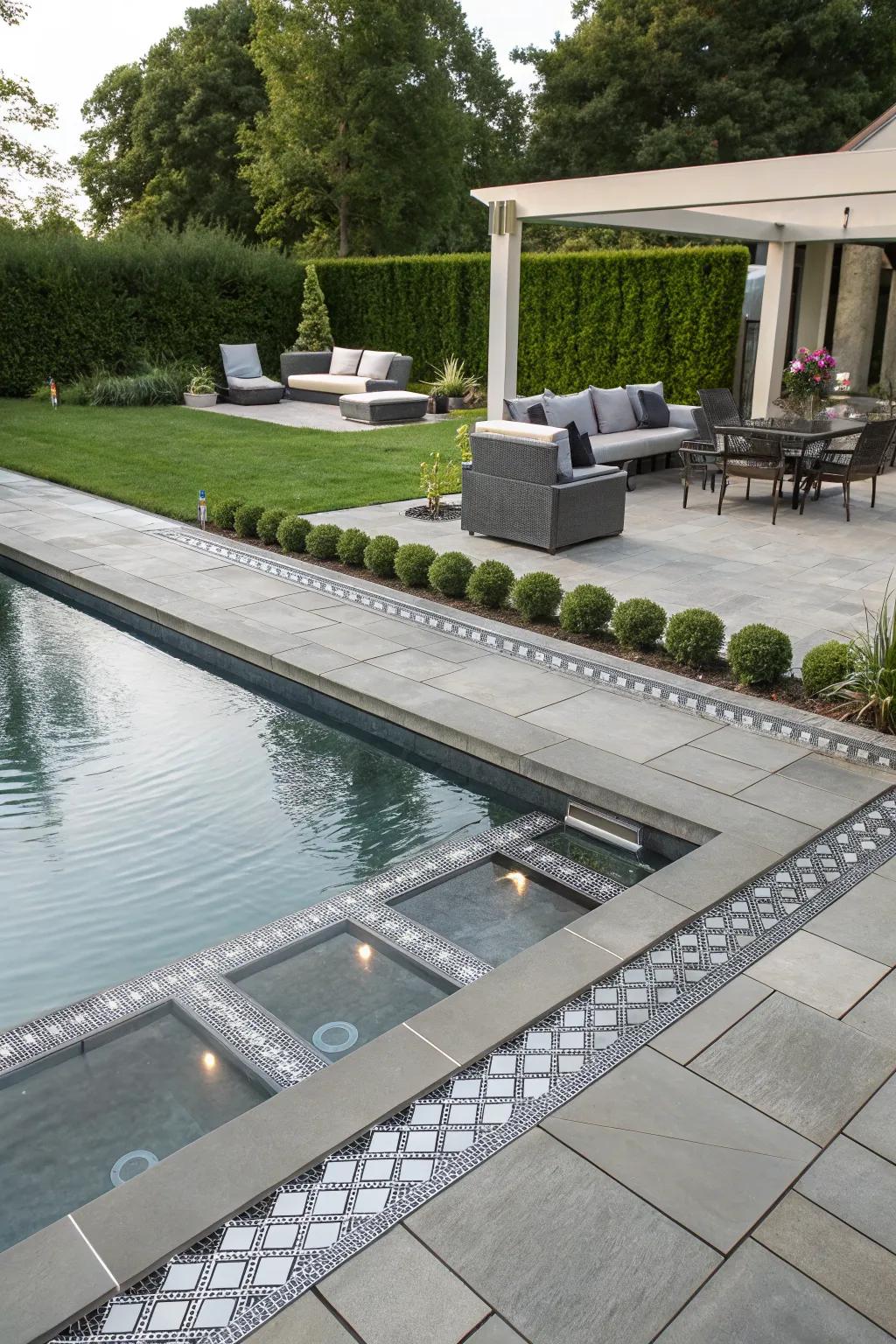 Metallic accents bring a modern, reflective sheen to your pool.