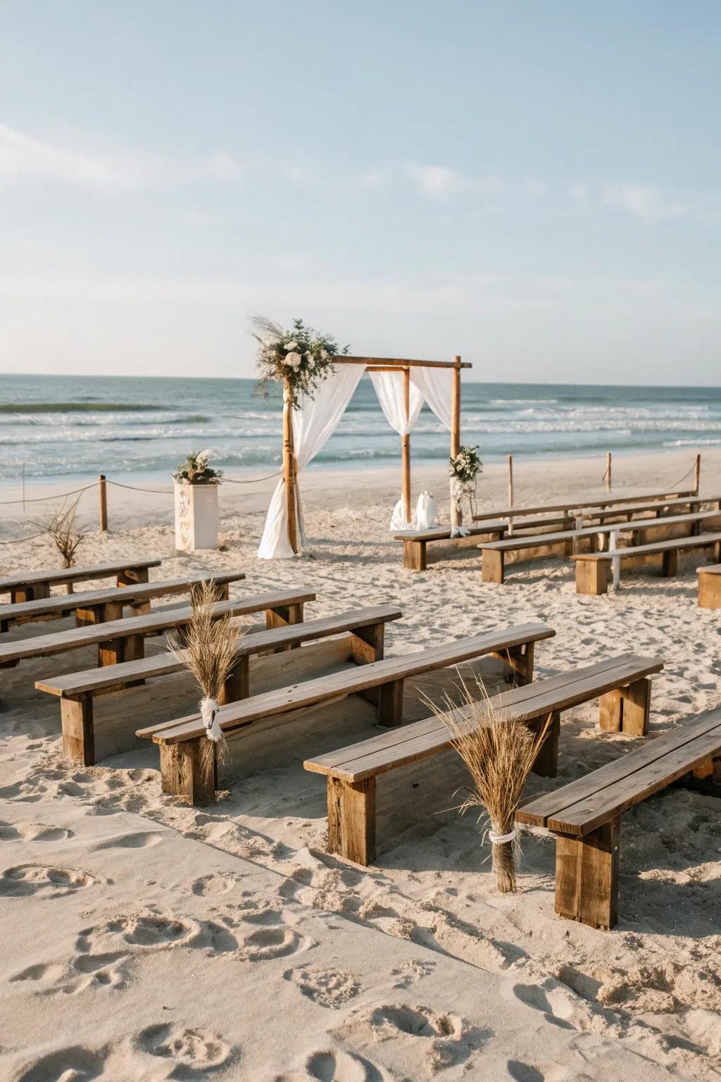 Weather-resistant benches are perfect for a beach wedding.