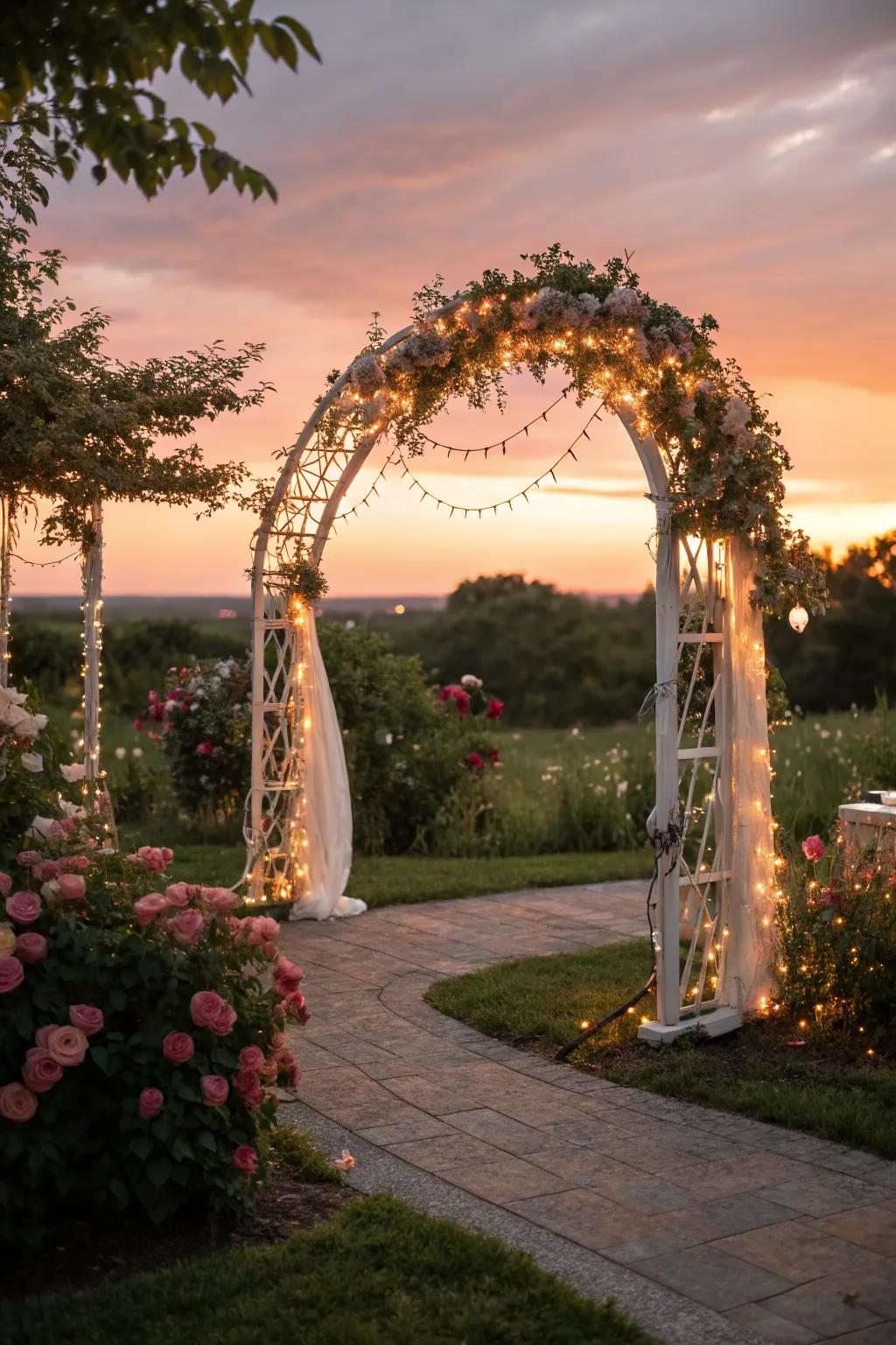 A glowing arch wrapped in fairy lights, setting the perfect romantic tone at sunset.