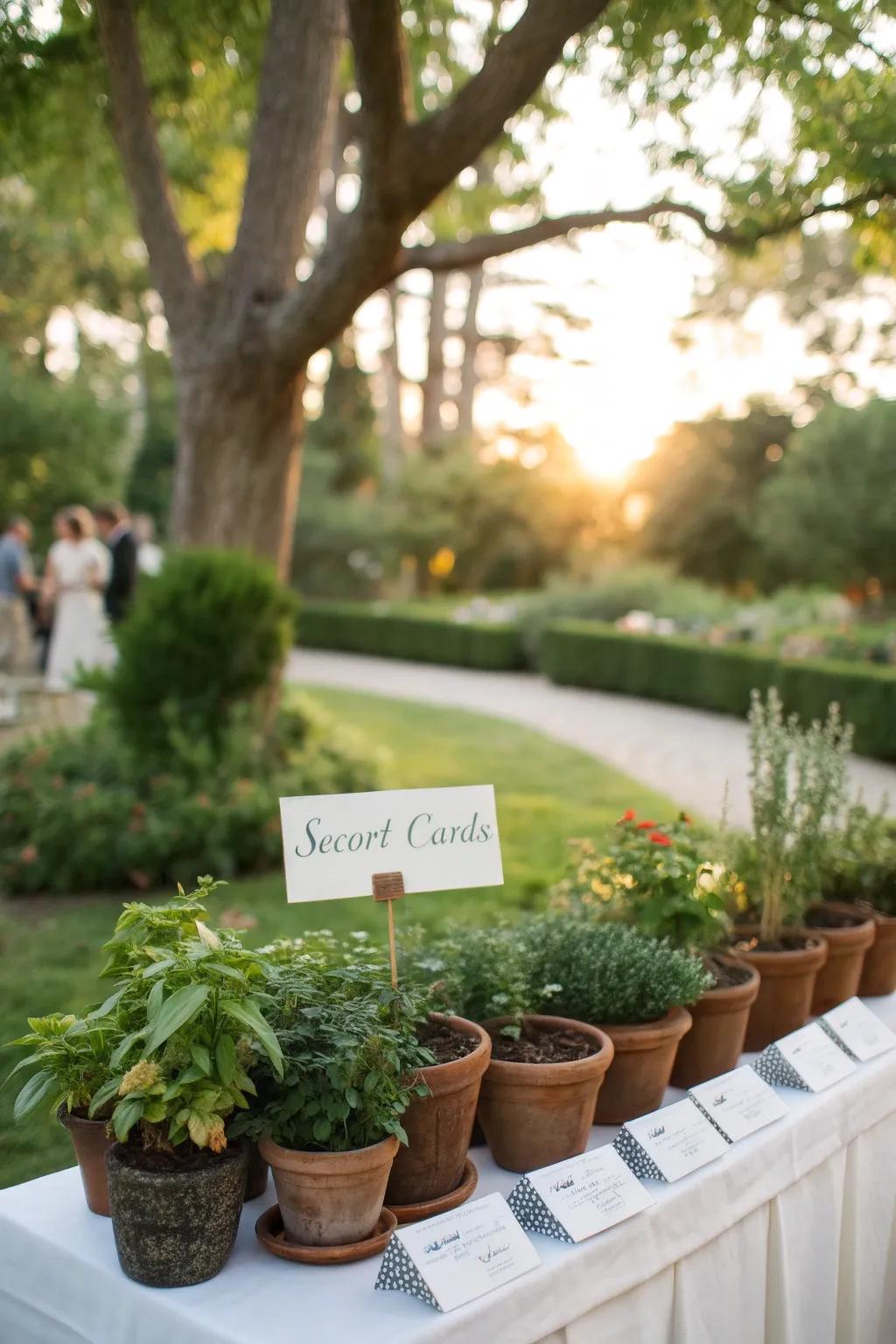 Potted plants double as escort cards and keepsakes.