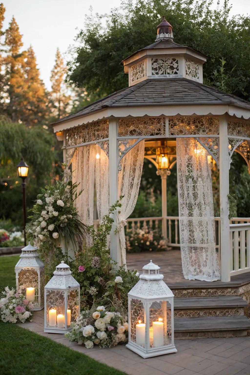 Antique lanterns and lace create a vintage feel.