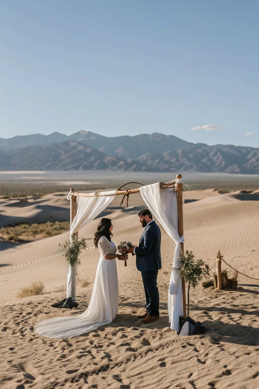 A desert wedding ceremony with breathtaking sunset views
