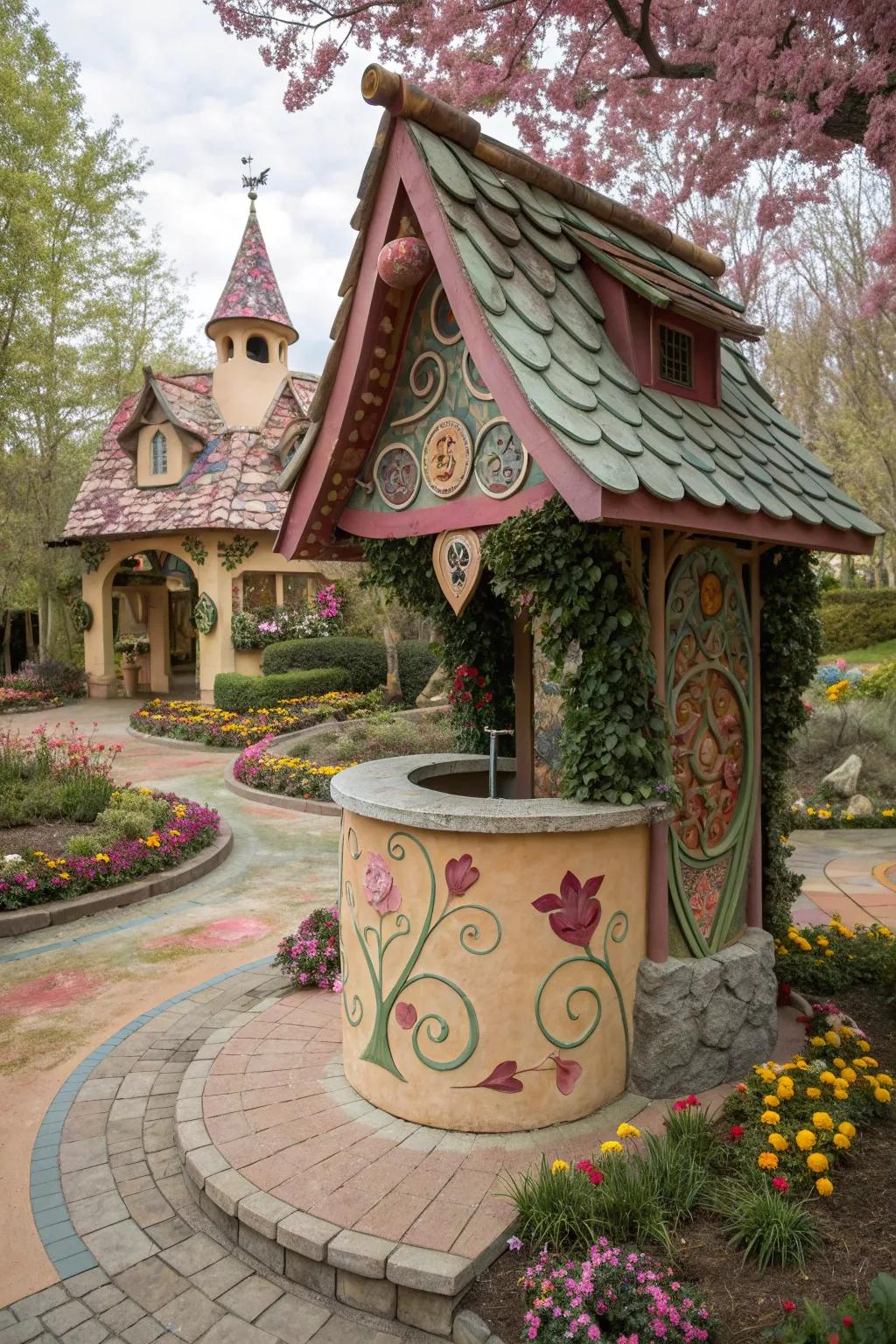 A whimsical well house that looks straight out of a fairy tale.