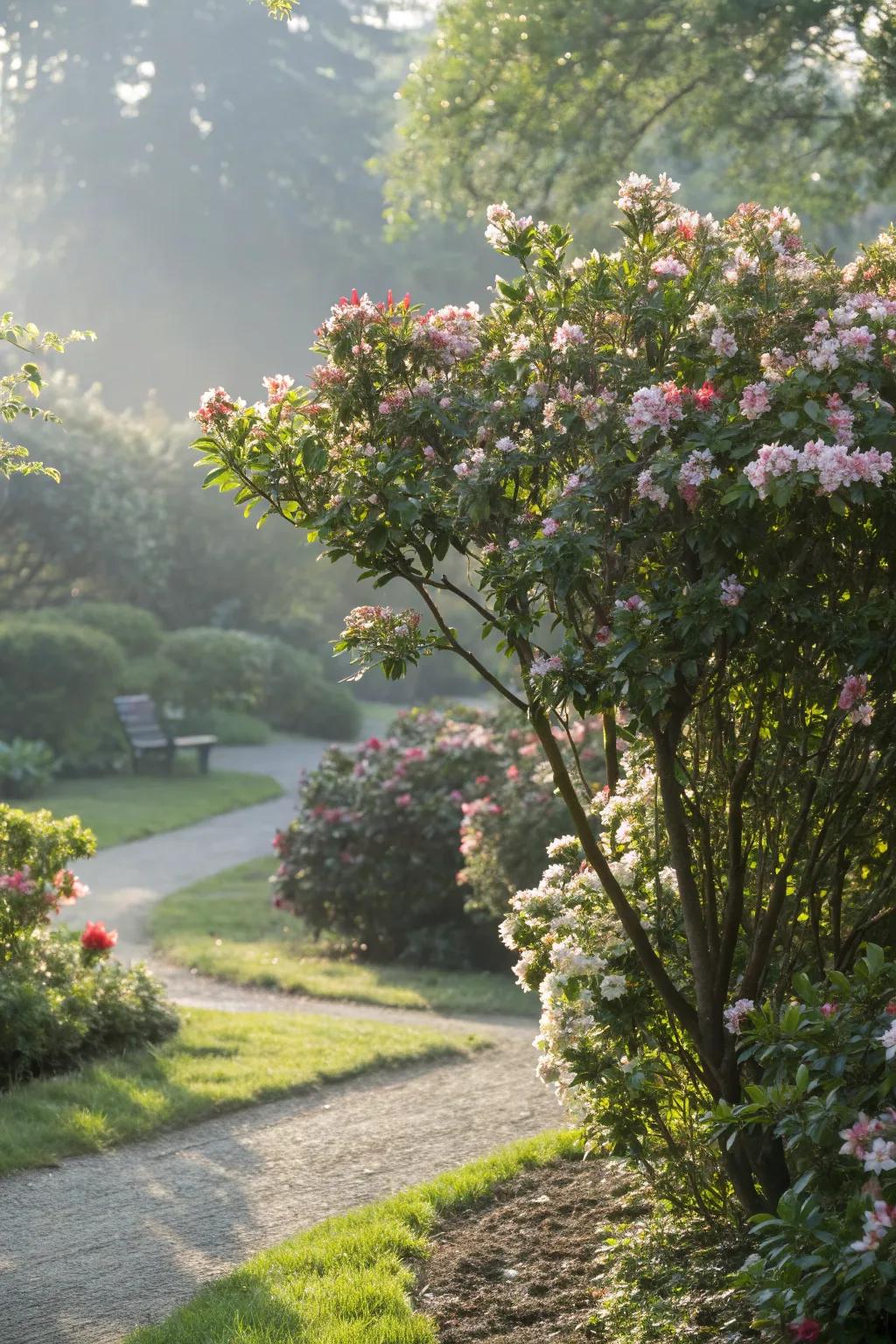 Indian hawthorn shrubs providing structure in a sunlit garden.