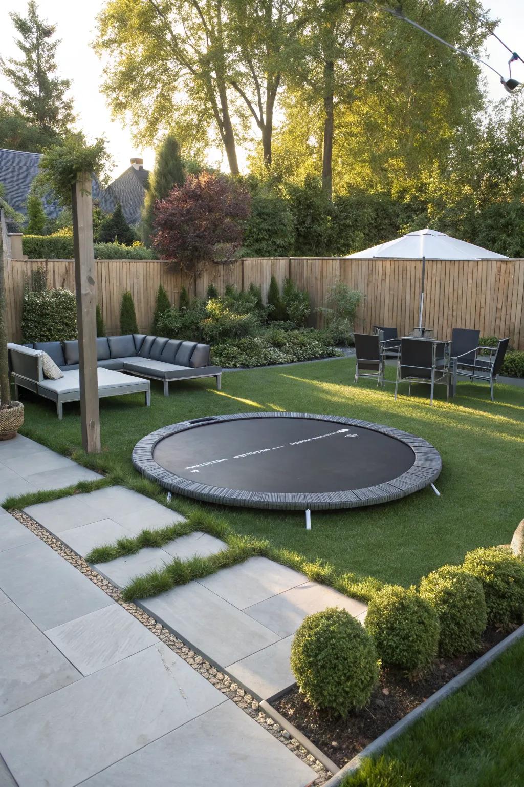 Sunken trampolines blend seamlessly with the landscape.
