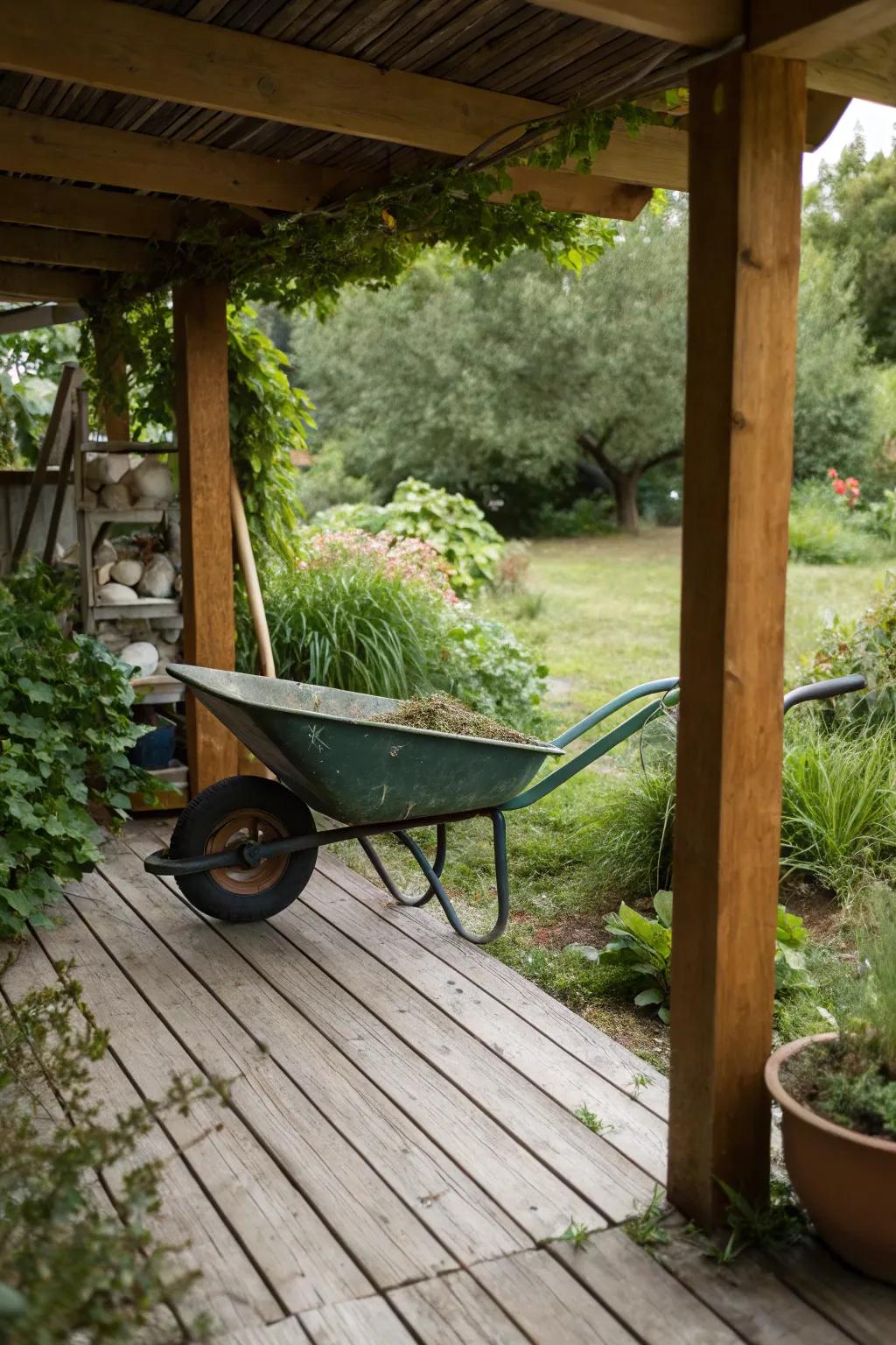 Under-deck storage is an ideal solution for keeping your wheelbarrow out of sight.