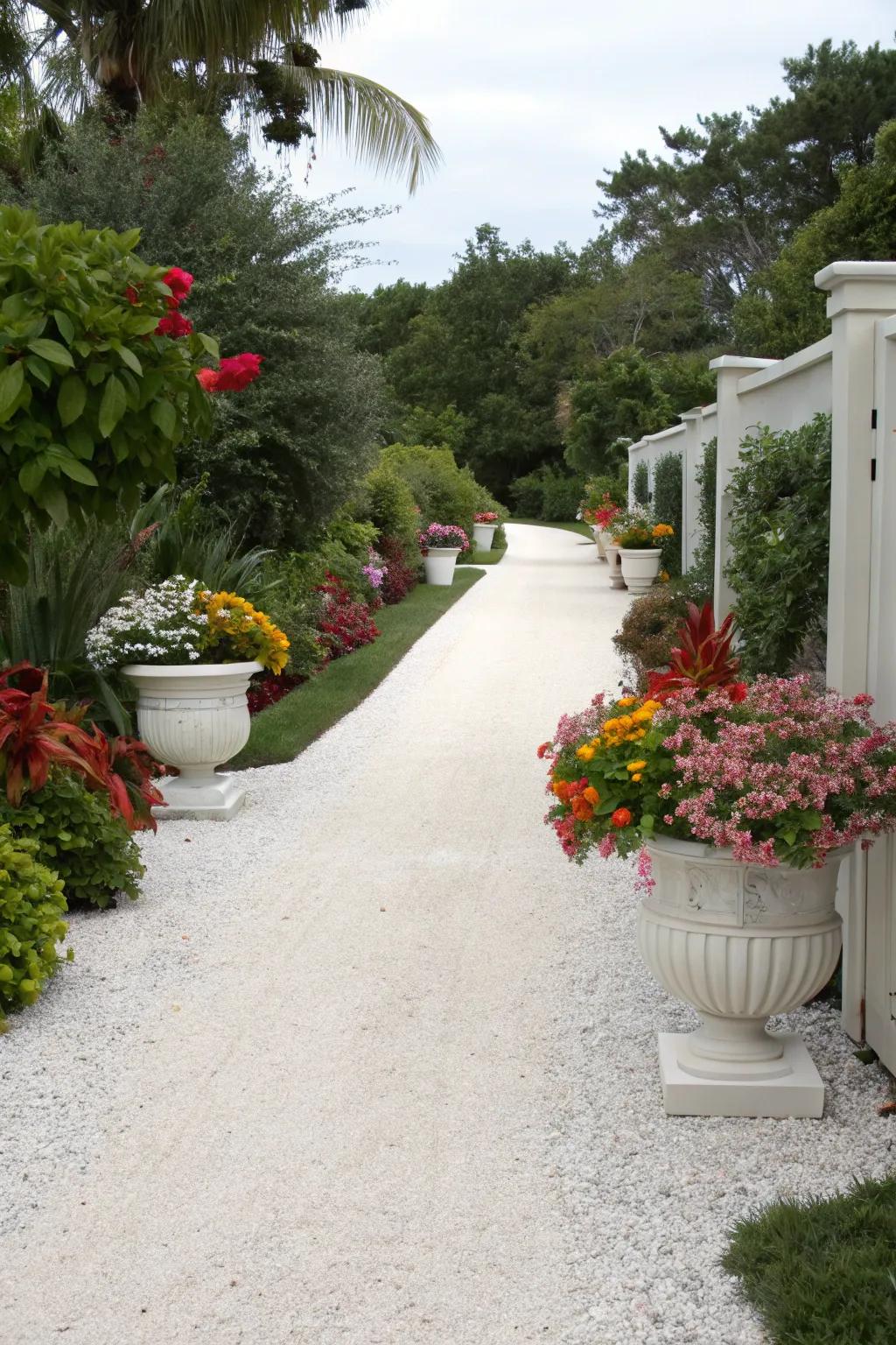 Decorative planters adding charm to the driveway.