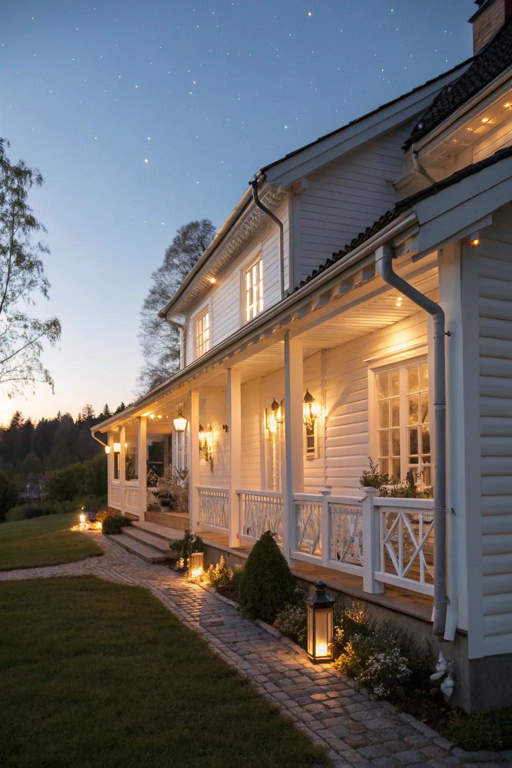 A white home with tasteful lighting fixtures, creating a warm and inviting evening glow.