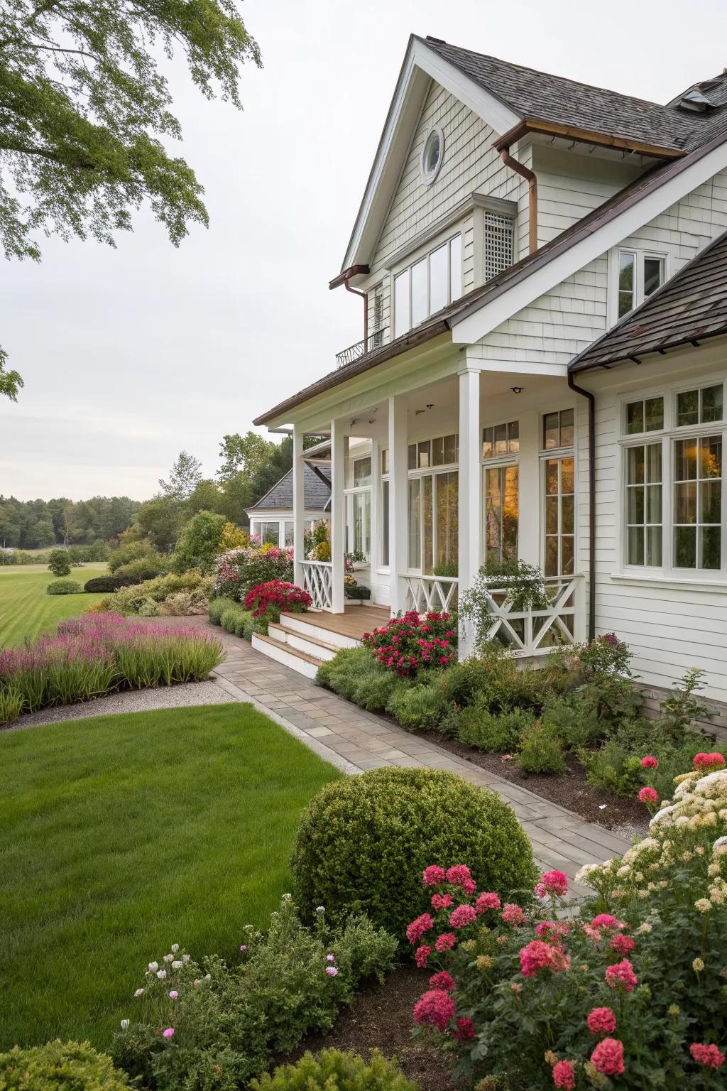 Natural wood accents add warmth to a white-painted house.