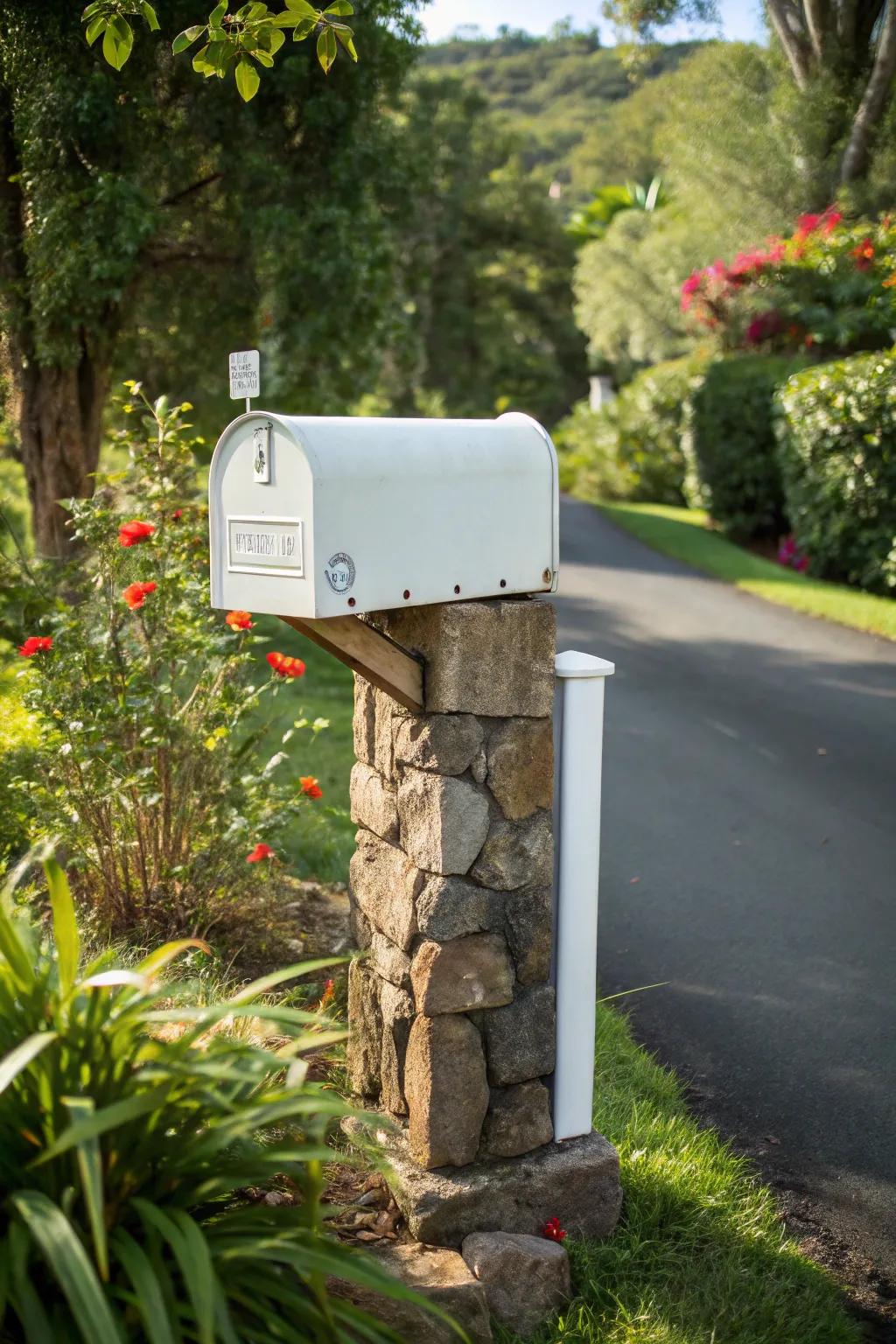 A white mailbox paired with a stone post creates a luxurious and durable look.