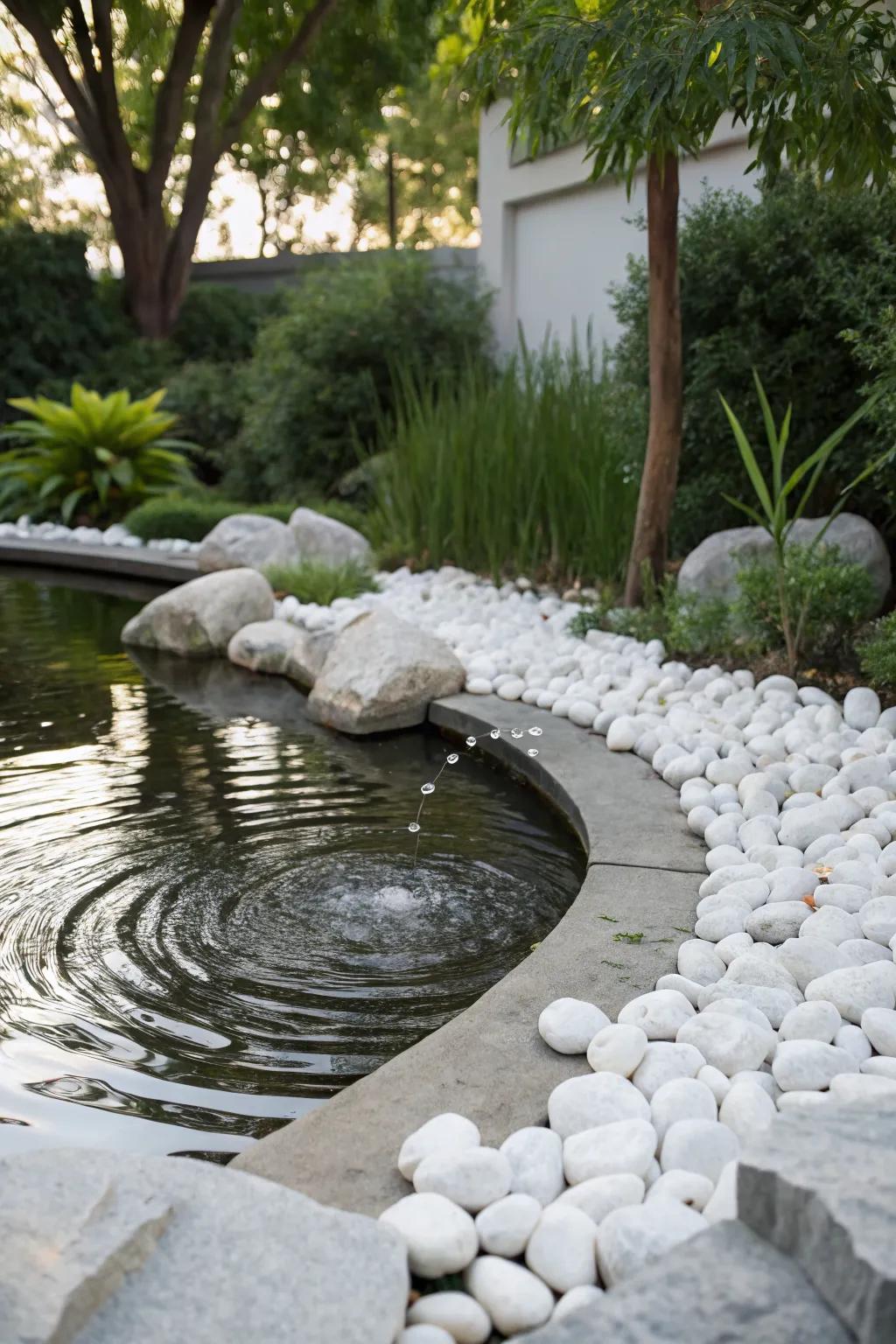 White rocks enhancing the allure of a garden water feature.