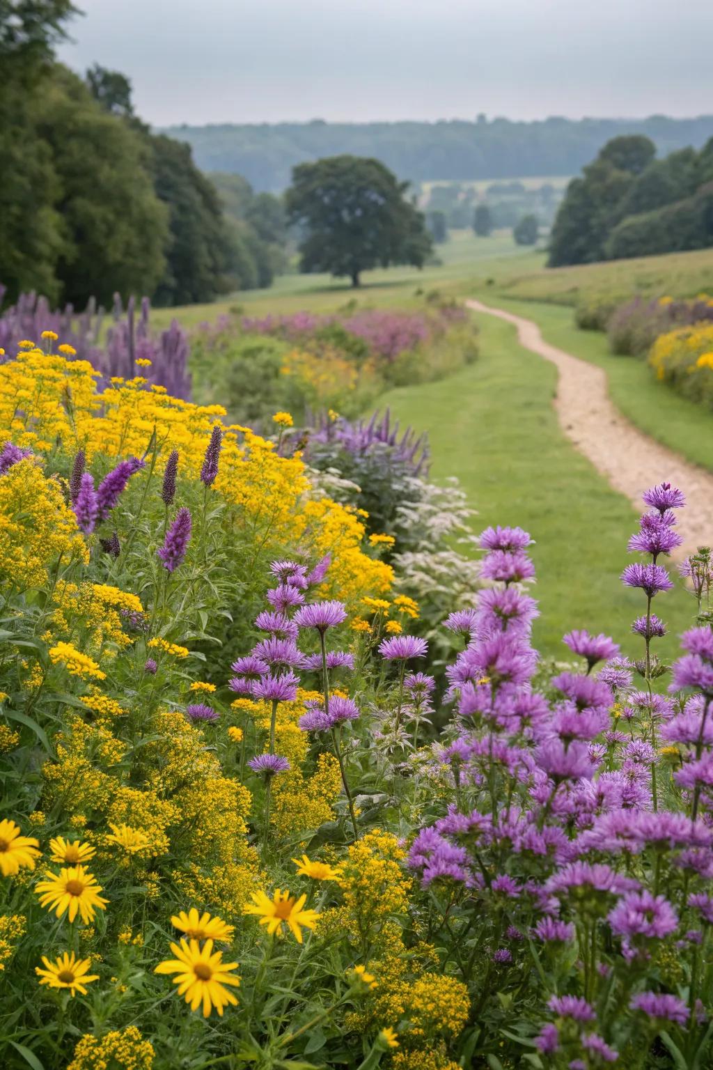 A harmonious color palette of purple and yellow wildflowers.