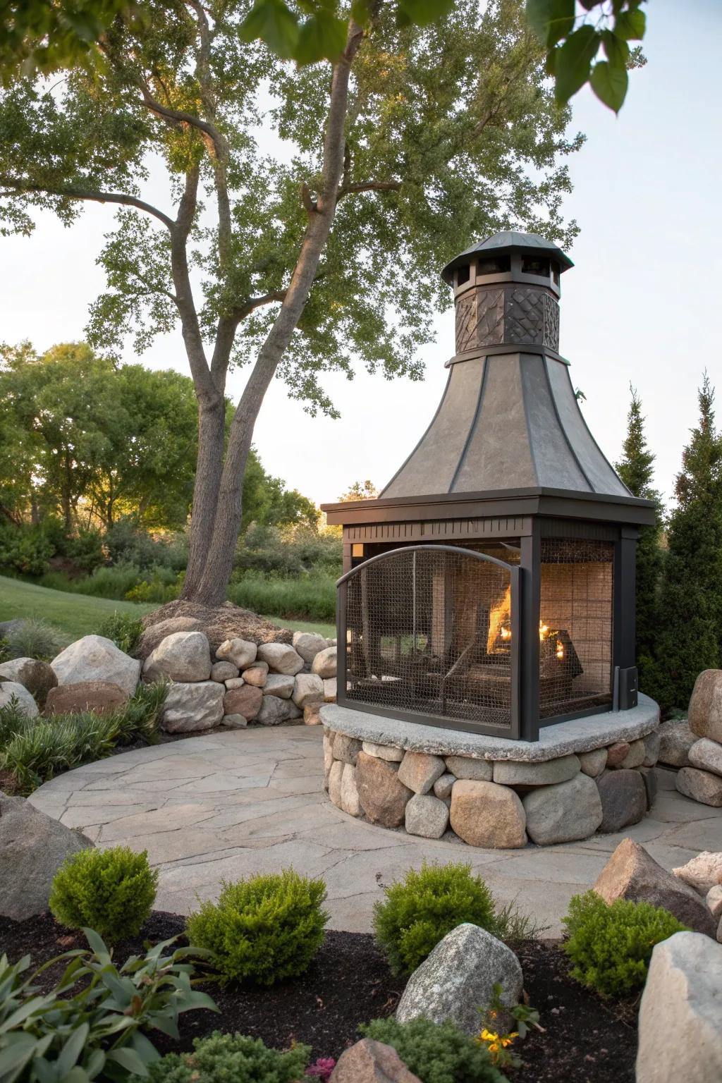 An outdoor fireplace adds warmth and charm to windy days.