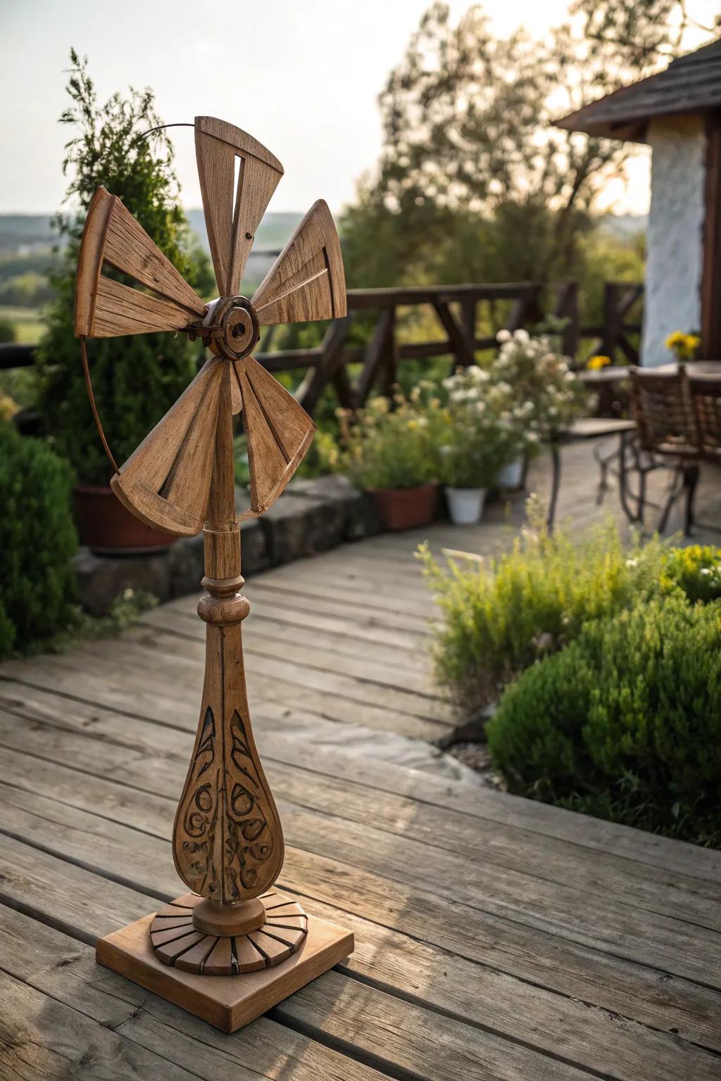 Wooden wind spinners add rustic charm to outdoor spaces.