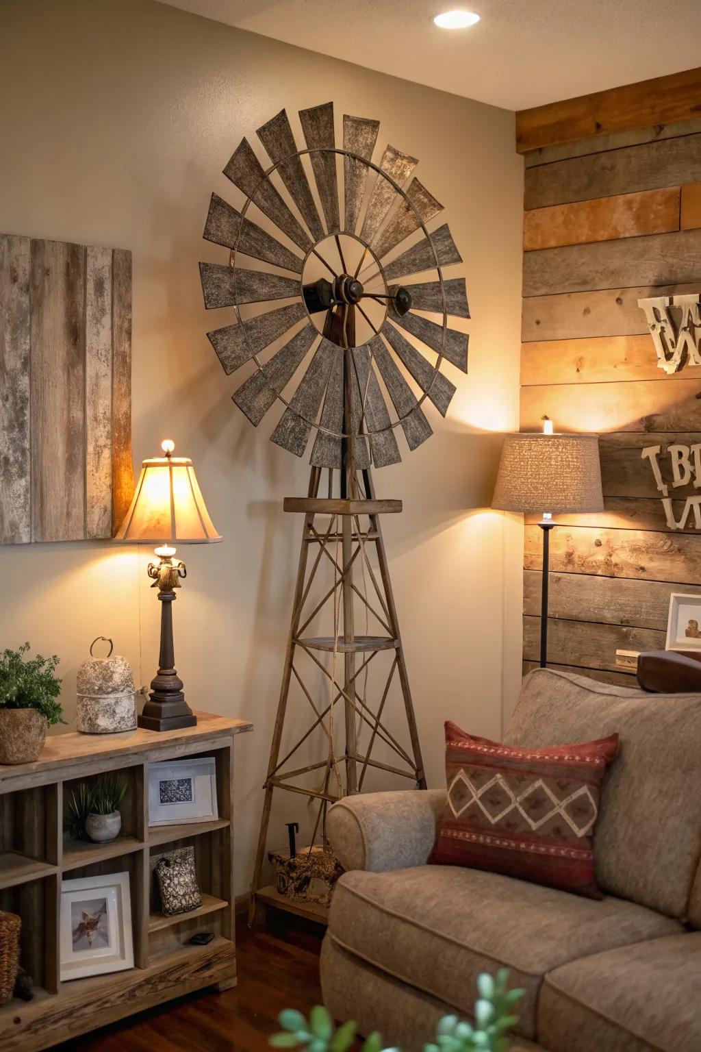 Elegant windmill wall art for rustic charm indoors.