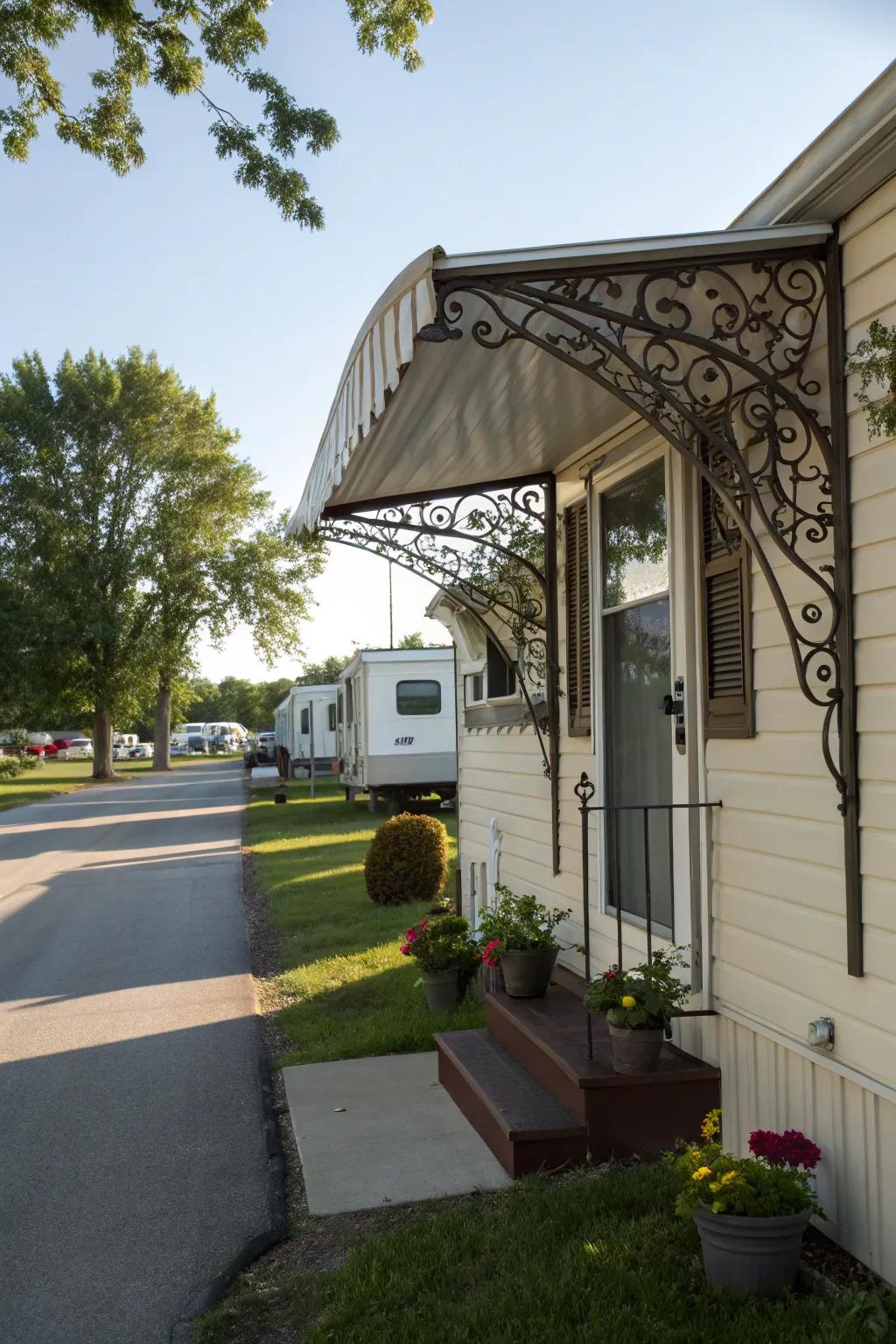 An artistic iron awning adding elegance to a mobile home window.
