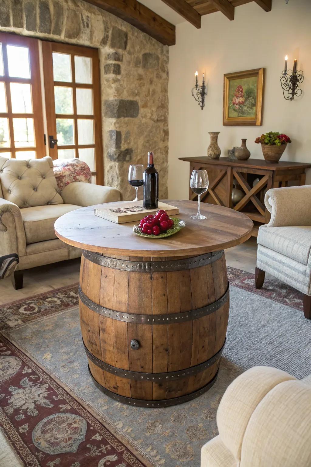 Blend vintage and modern styles with a unique barrel table.