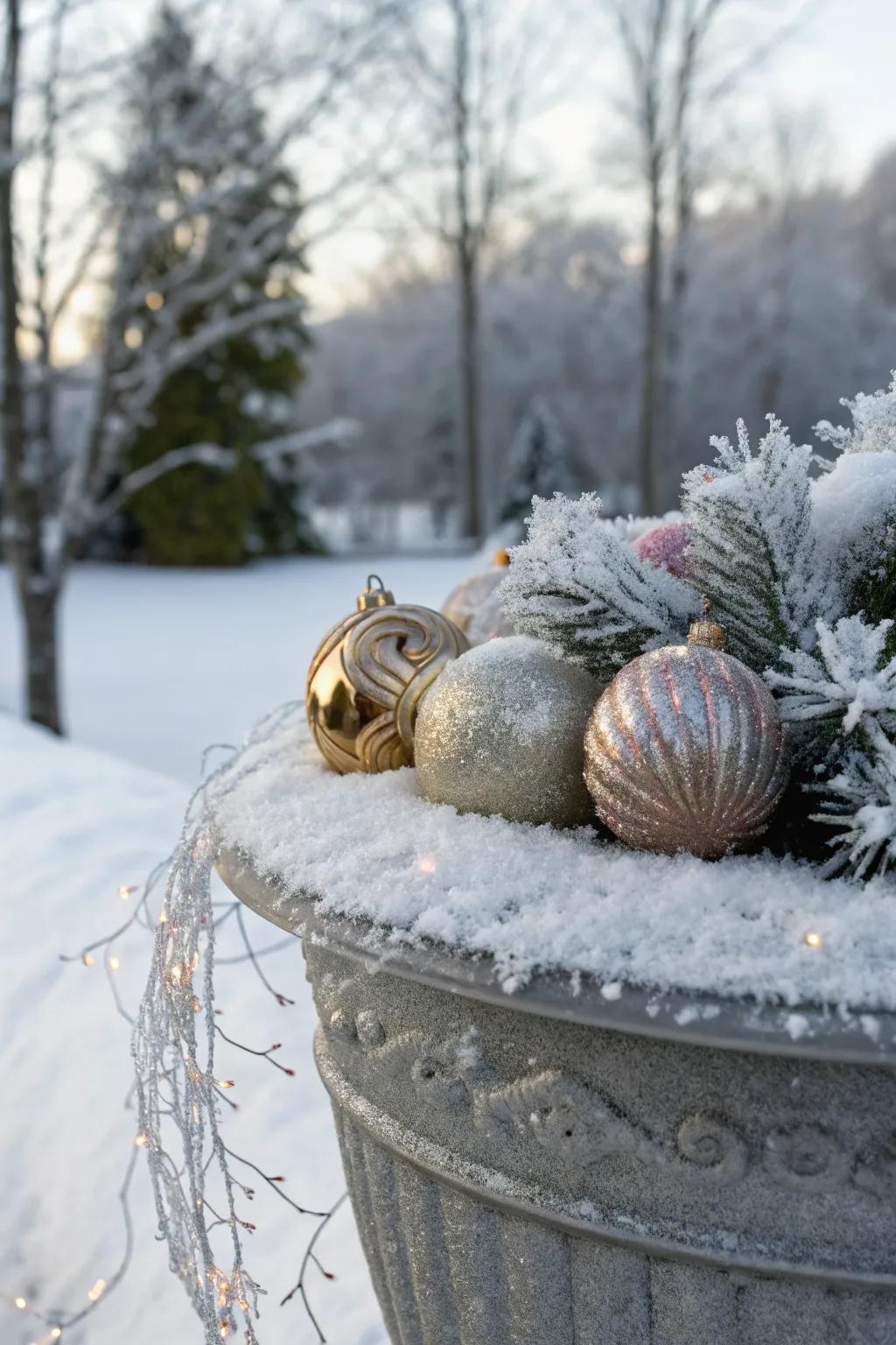 Metallic ornaments give a modern twist to containers