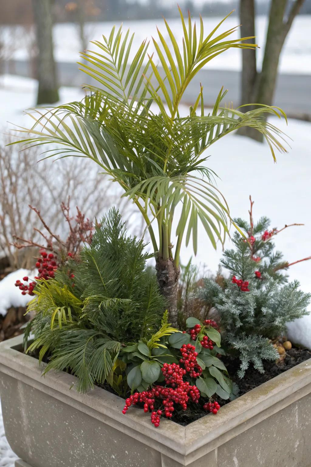 A tropical touch adds unexpected flair to winter displays.