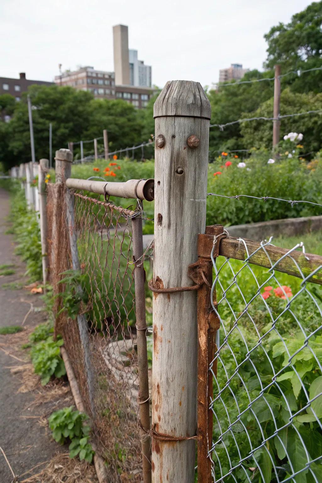 Urban chic wire fence with metal accents and wooden posts.