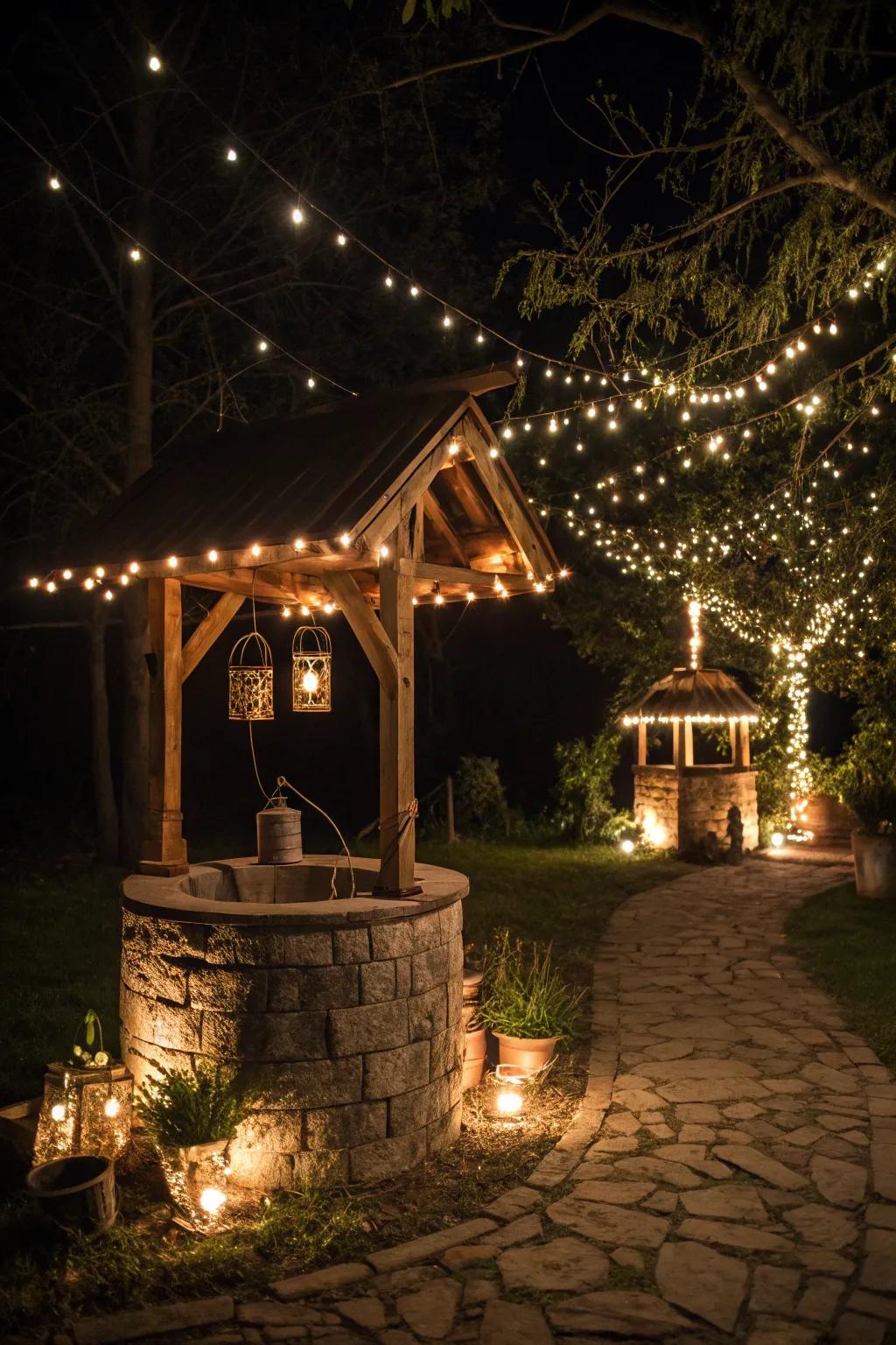 A wishing well aglow with enchanting lights, perfect for nighttime garden magic.