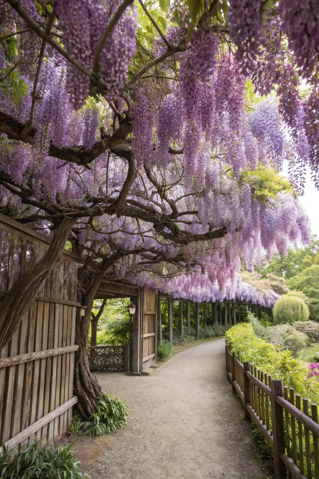 Dense floral coverage of wisteria creating an abundant garden feel.