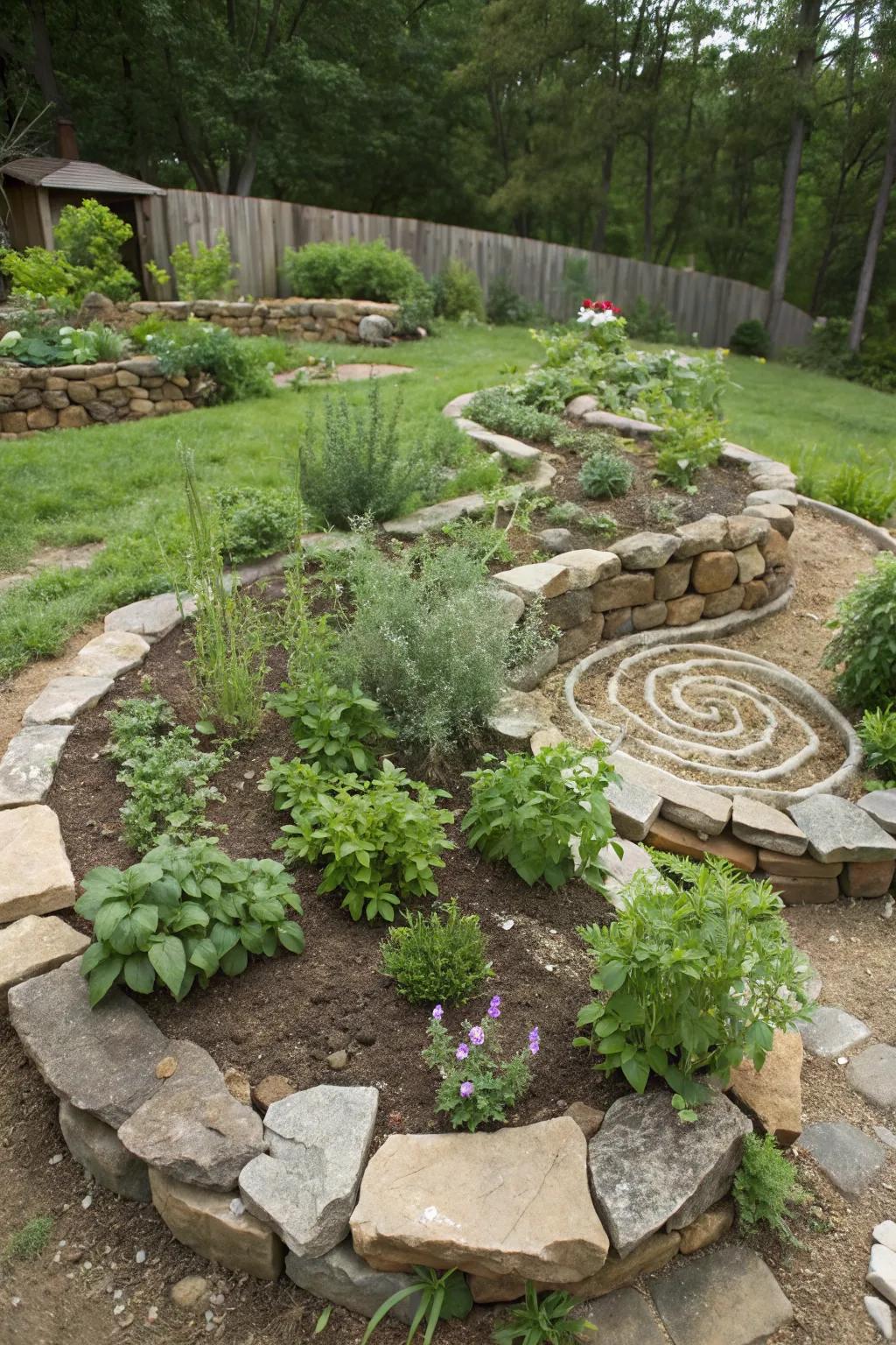 Herb spirals add a whimsical and functional focal point.