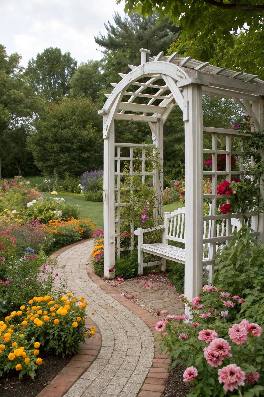 Classic white wooden arbor with vibrant floral accents.