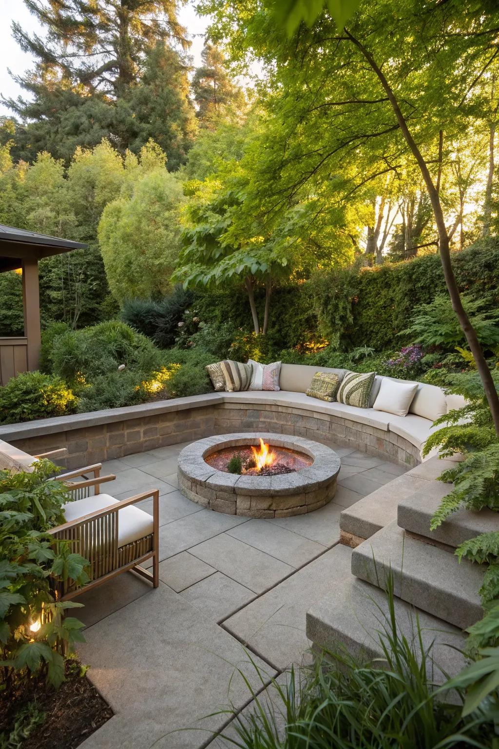 A sunken fire pit creates an intimate atmosphere perfect for gatherings.
