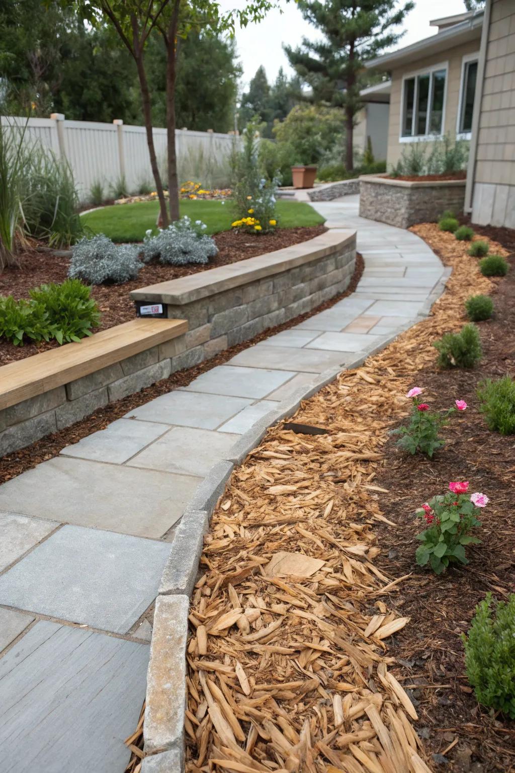 Dynamic visual contrast with wood chips and stone.
