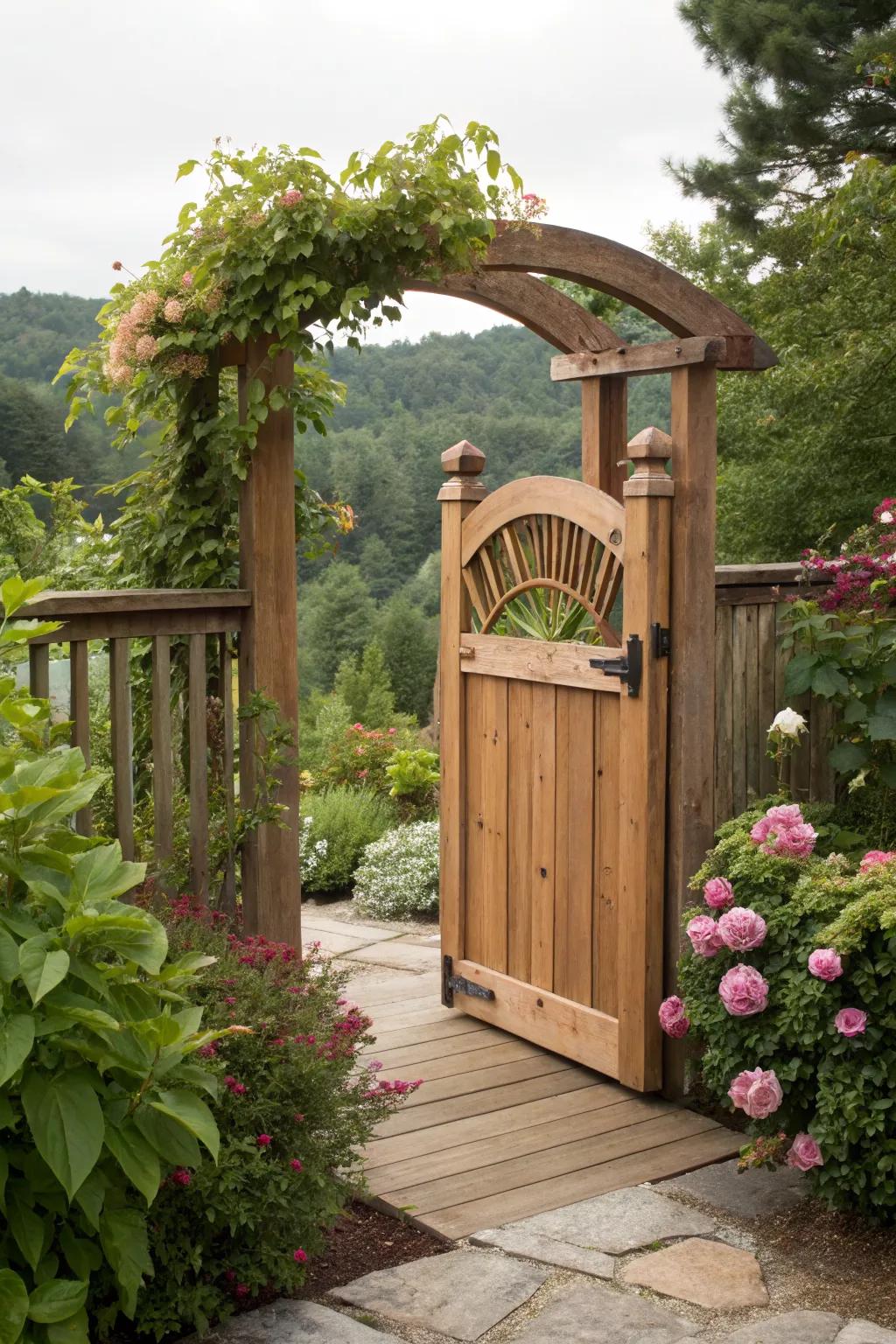 A curved top gate that adds elegance and charm to outdoor spaces.