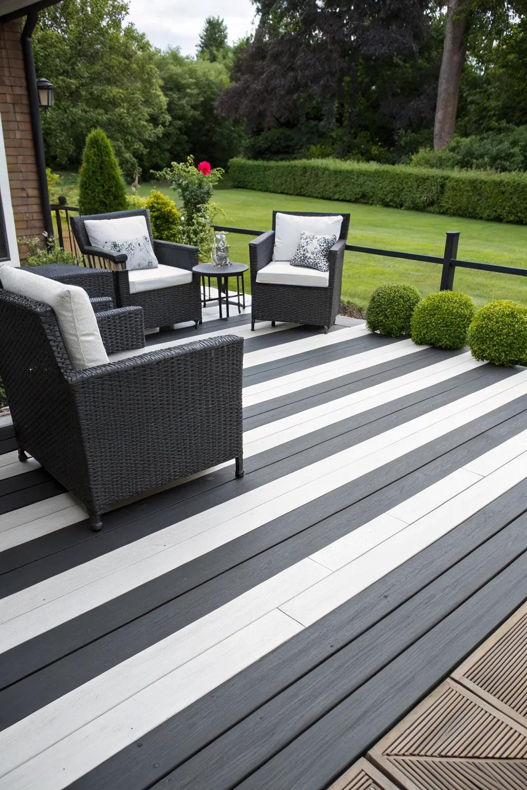 A modern deck with a striking black and white color scheme.
