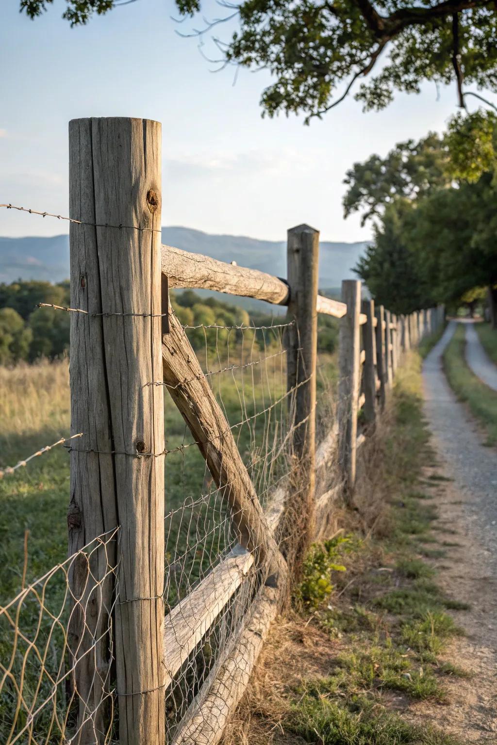 Eco-friendly wood and wire mesh fence constructed from reclaimed materials.