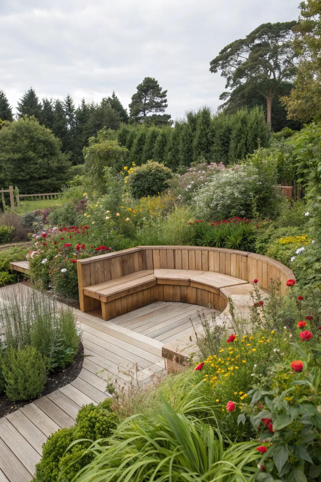 Integrated seating in wood edging offers a cozy spot to enjoy your garden.