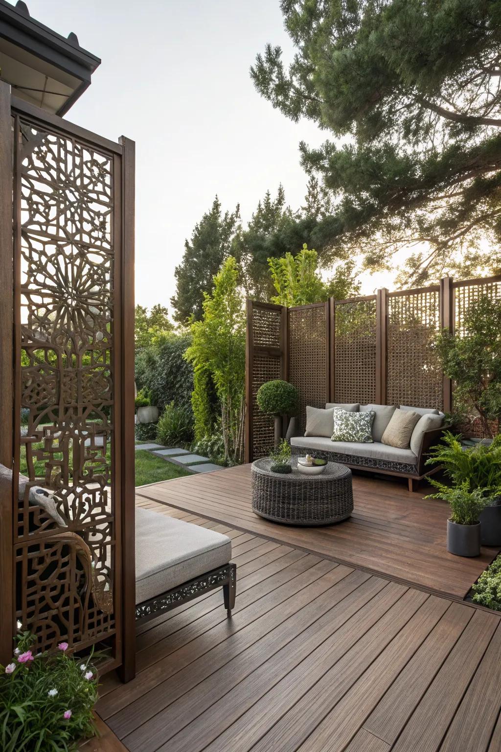 A wooden patio deck with elegant privacy screens.