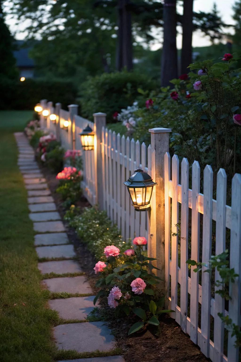 Solar lights illuminate this picket fence, adding evening charm.