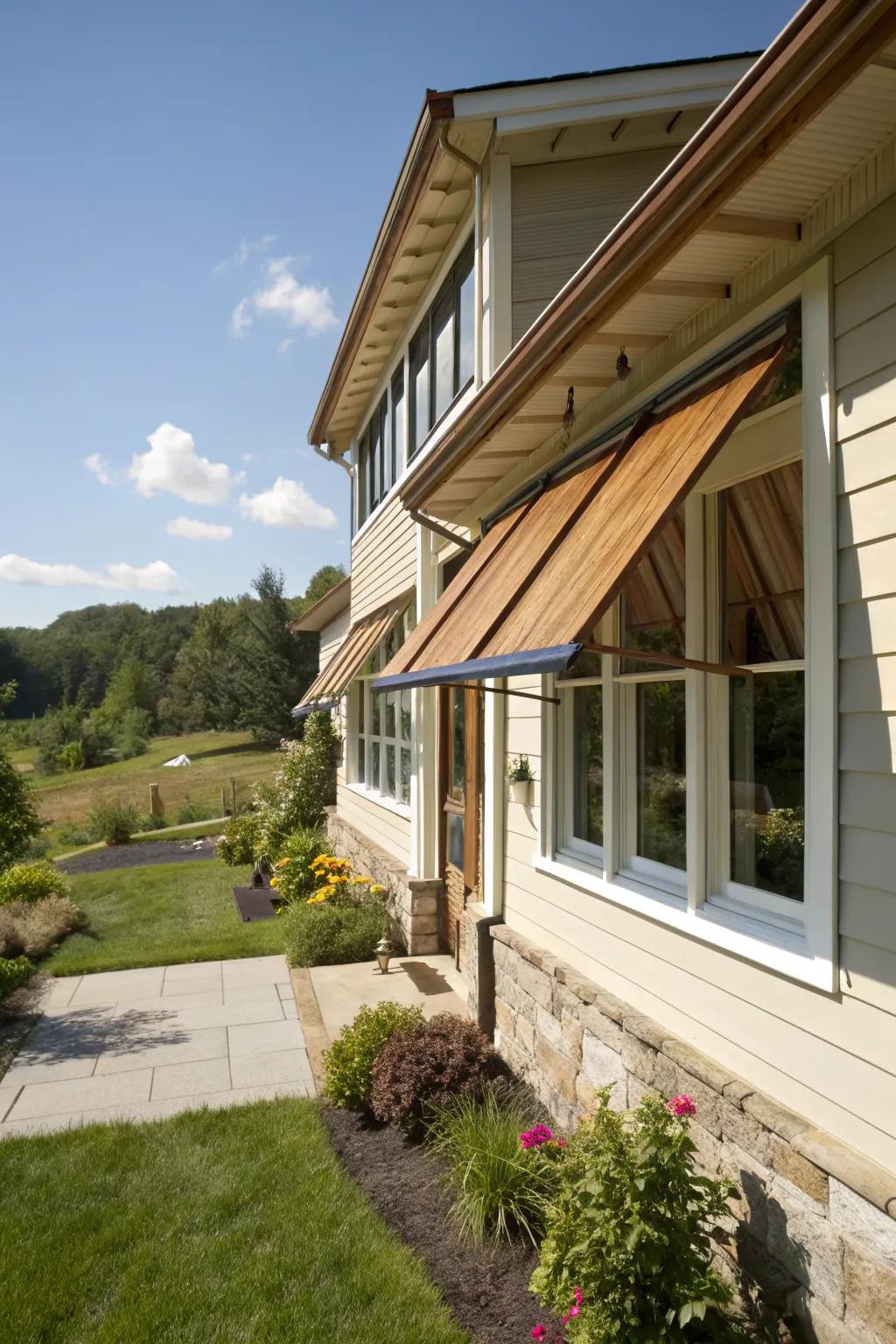 Adjustable wood awnings offer flexibility to manage sunlight effectively.