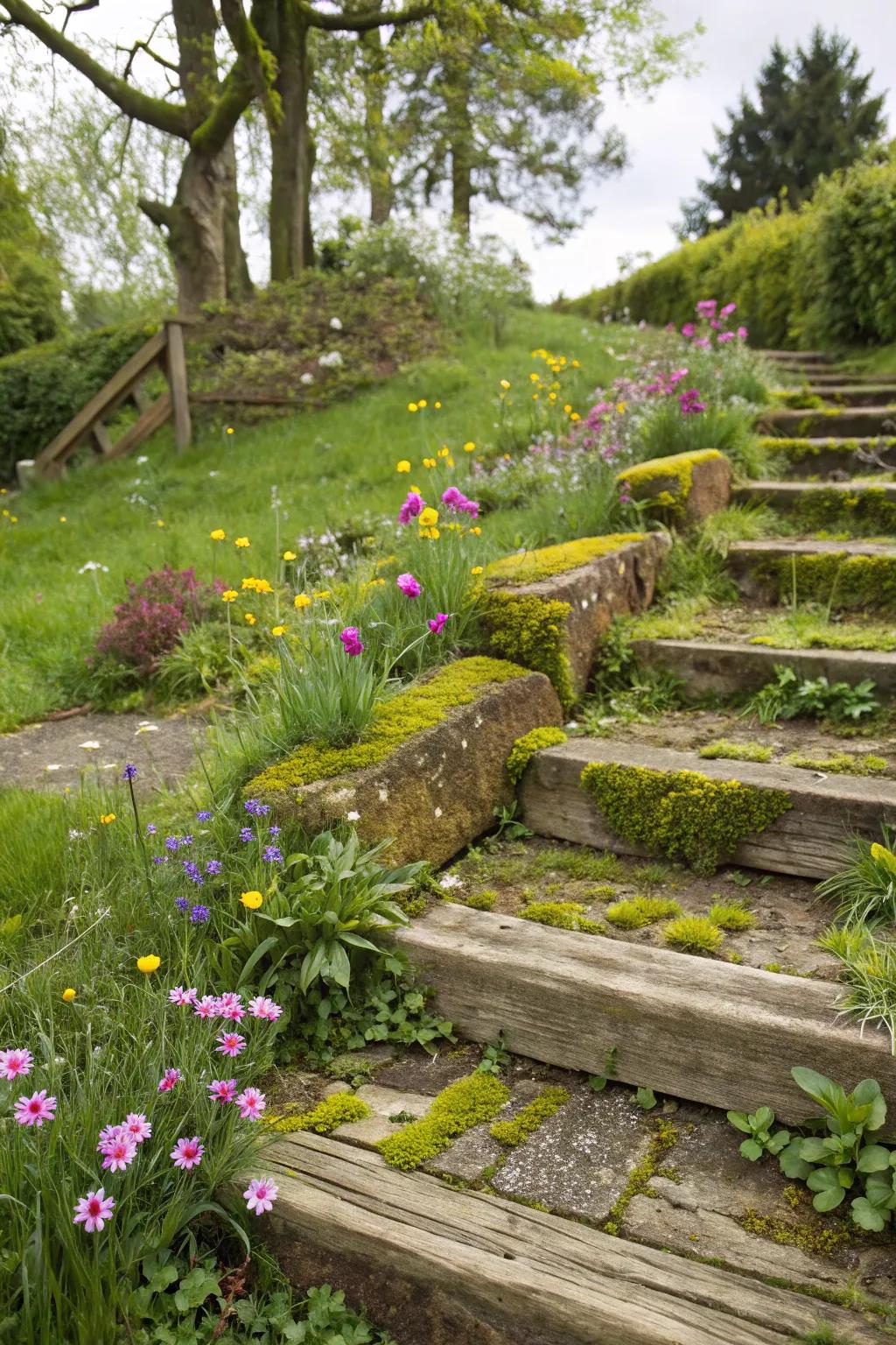 Railway sleeper steps with a touch of industrial elegance.