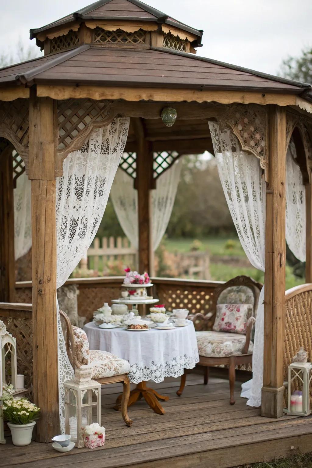 A vintage tea house gazebo offering a charming setting for tea time.