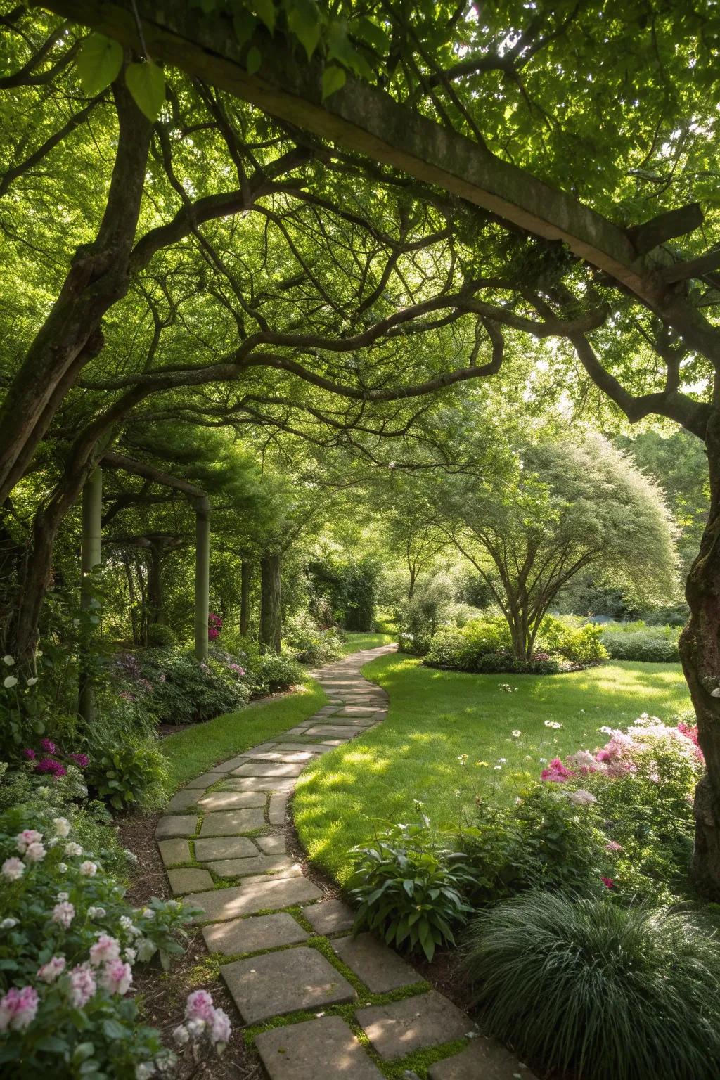 Shaded areas provide a cool and serene retreat in the garden.