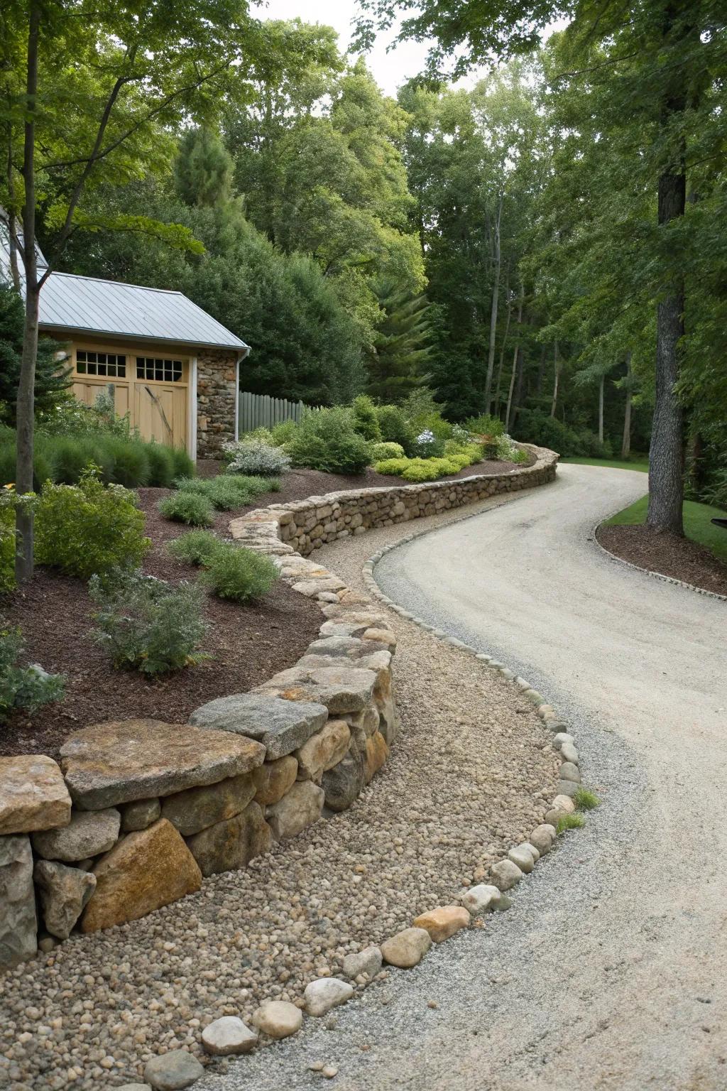 Rustic charm with a wrap around driveway featuring natural stone and gravel.