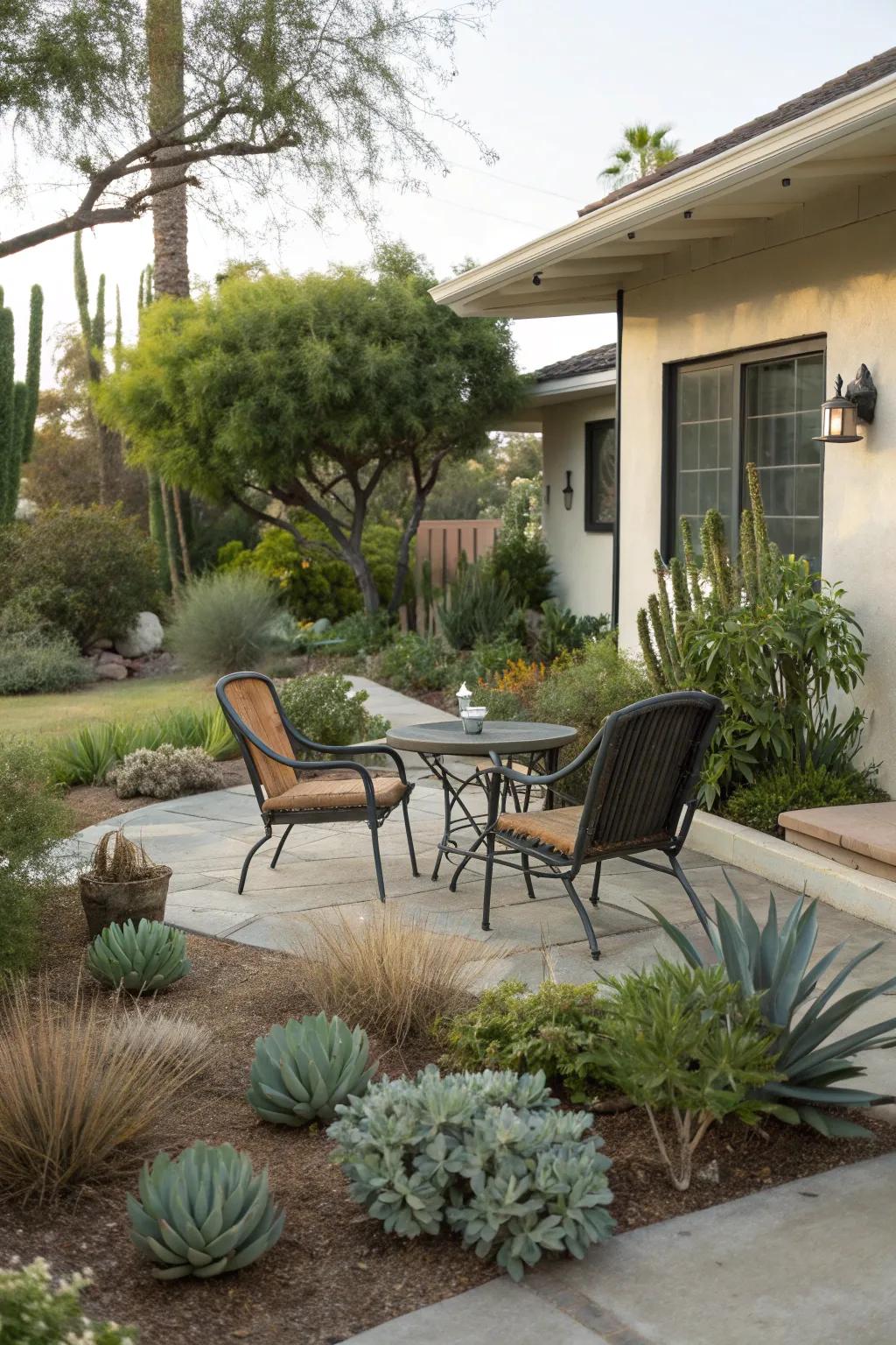 A cozy outdoor seating space in a xeriscape front yard.