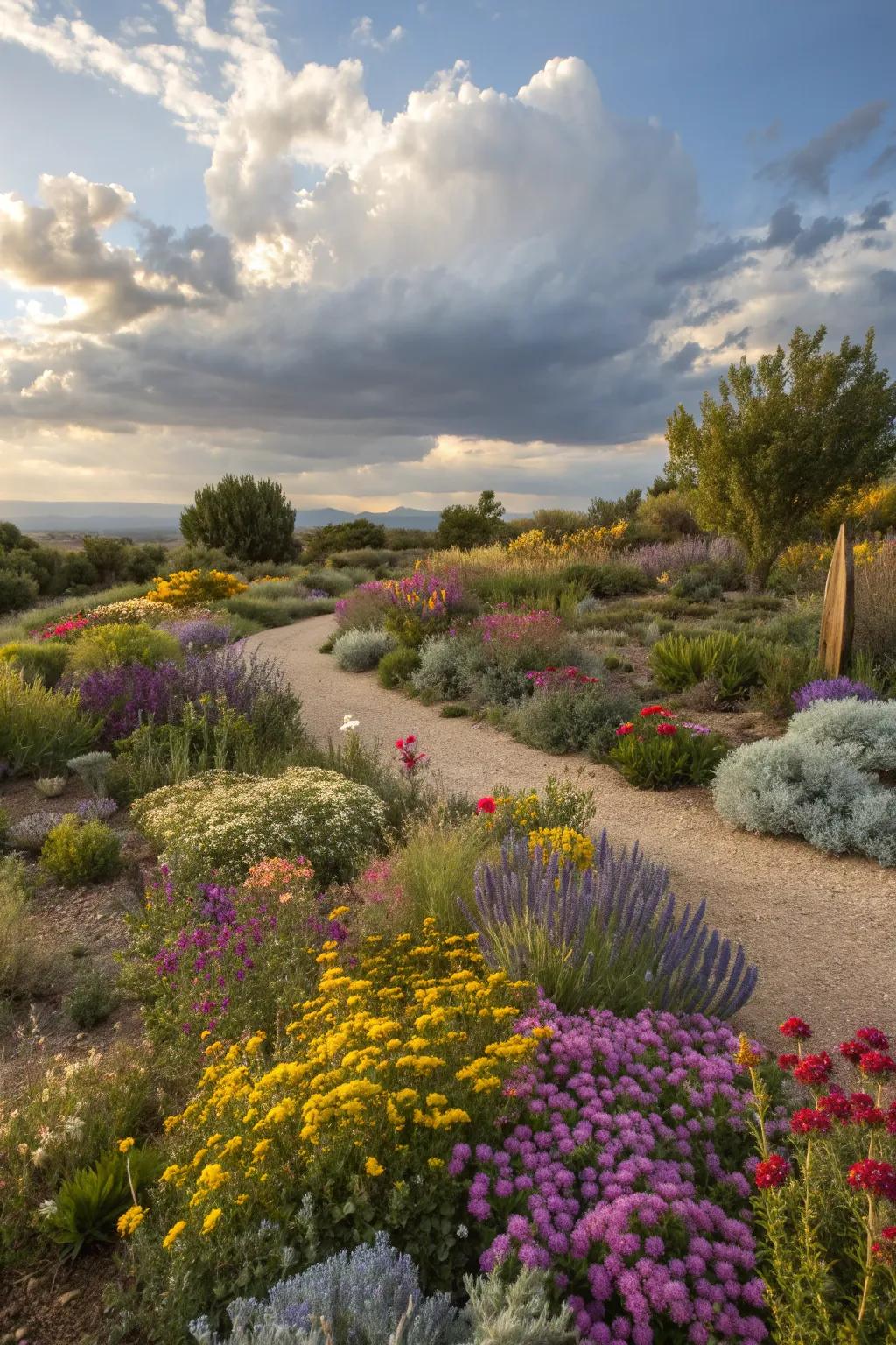A vibrant xeriscape garden featuring a diverse color palette.