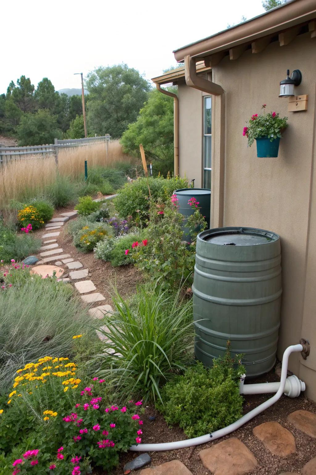 A rainwater harvesting system enhances sustainability.
