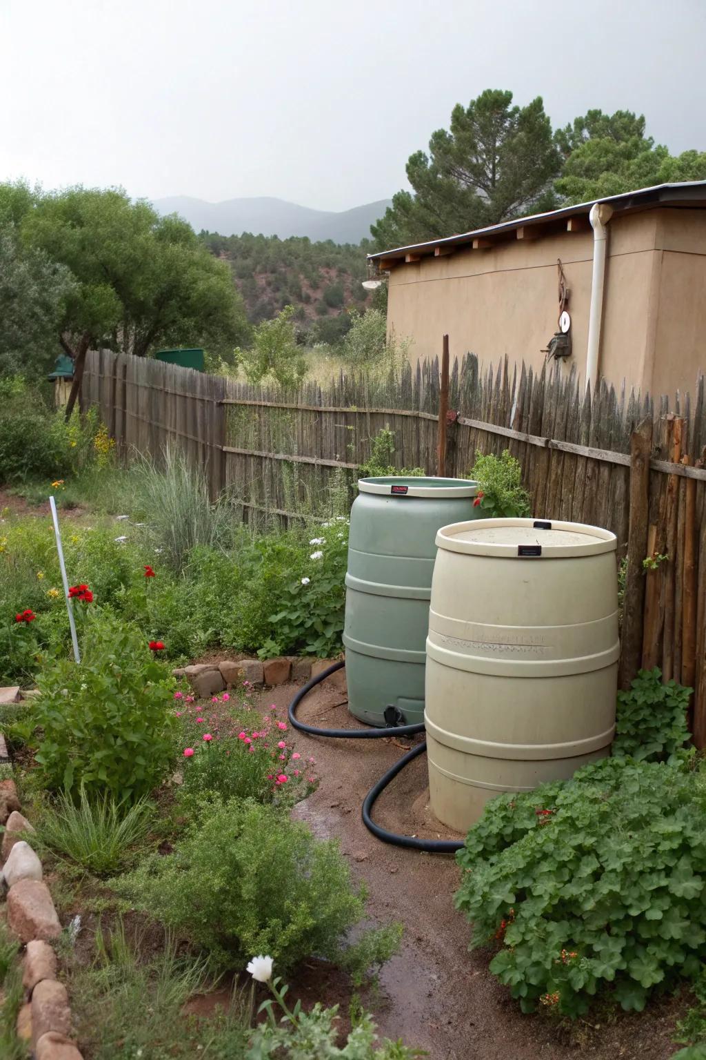 Rain barrels in a New Mexico garden for harvesting water.