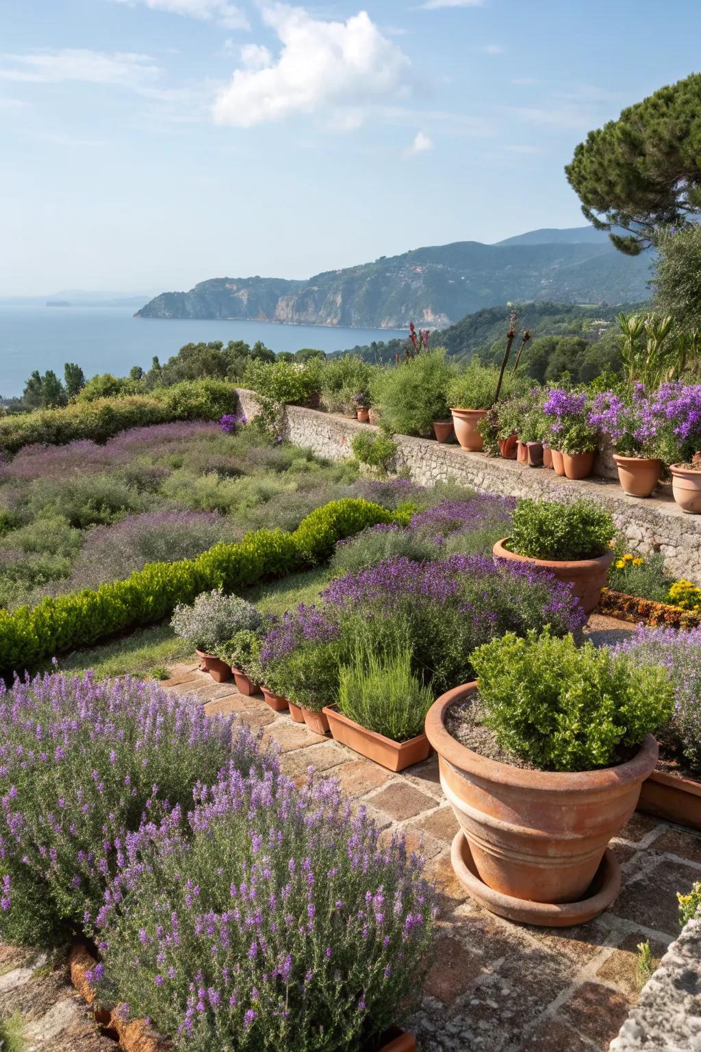 A Mediterranean garden island with drought-tolerant plants and rustic accents.